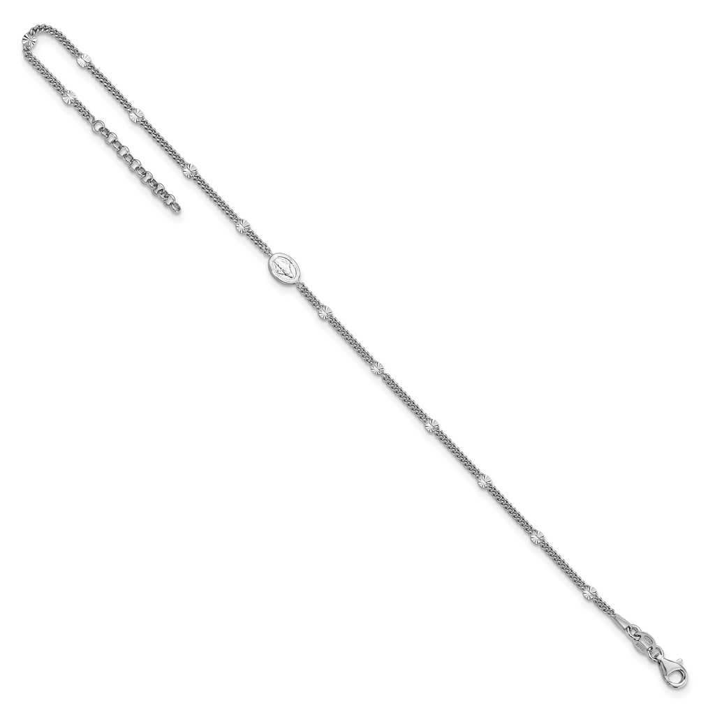 Sterling Silver Rhodium-plated Miraculous Medal 9 inch Plus 1 inch Extender - Total 10 inch Anklet