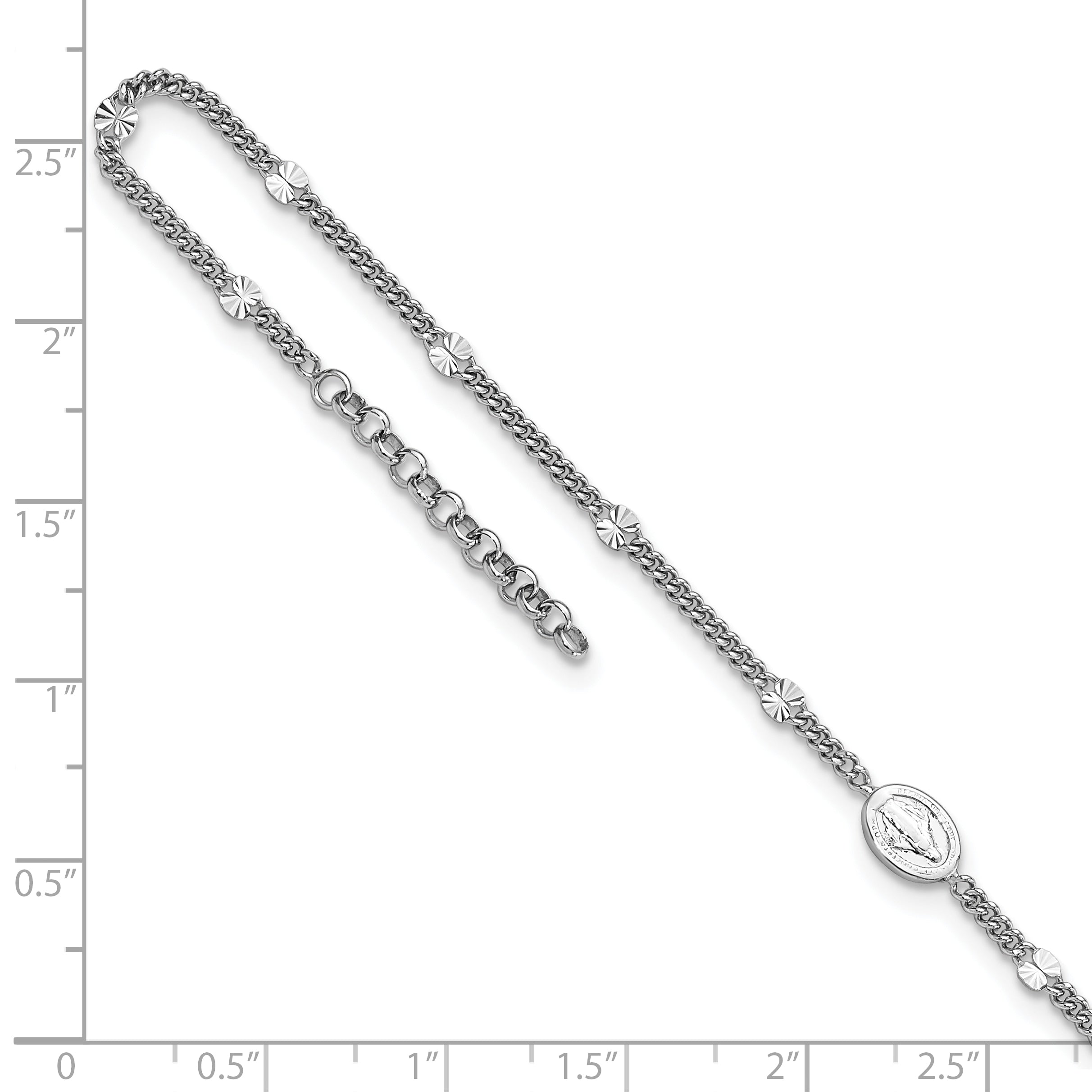 Sterling Silver Rhodium-plated Miraculous Medal 9 inch Plus 1 inch Extender - Total 10 inch Anklet