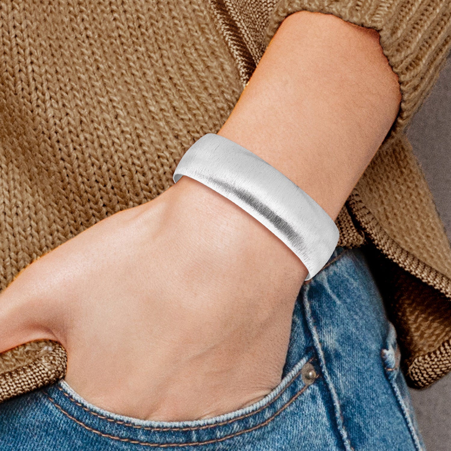 Sterling Silver Rhodium-plated Brushed Cuff Bangle