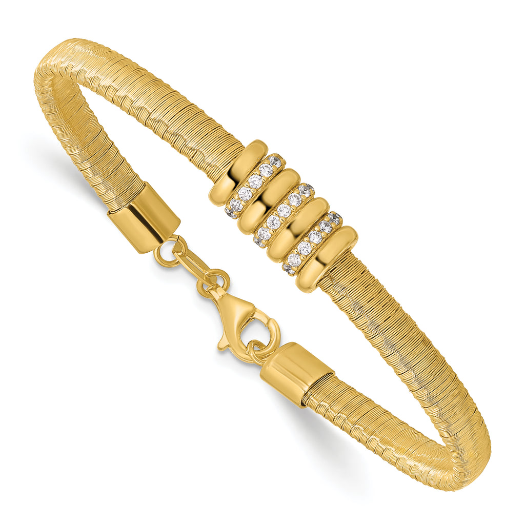 Sterling Silver Gold-tone CZ w/1in Safety Chain Flex Bangle