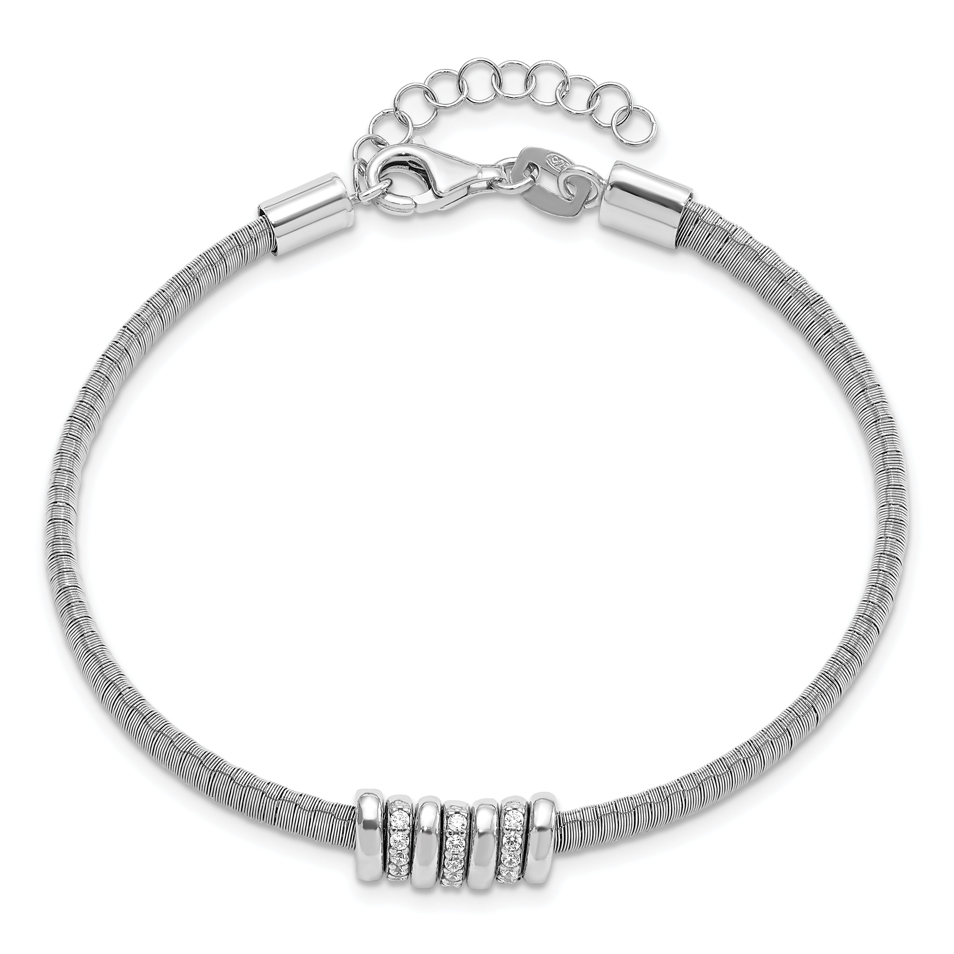 Sterling Silver RH-plated CZ w/1in Safety Chain Flex Bangle Secondary image
