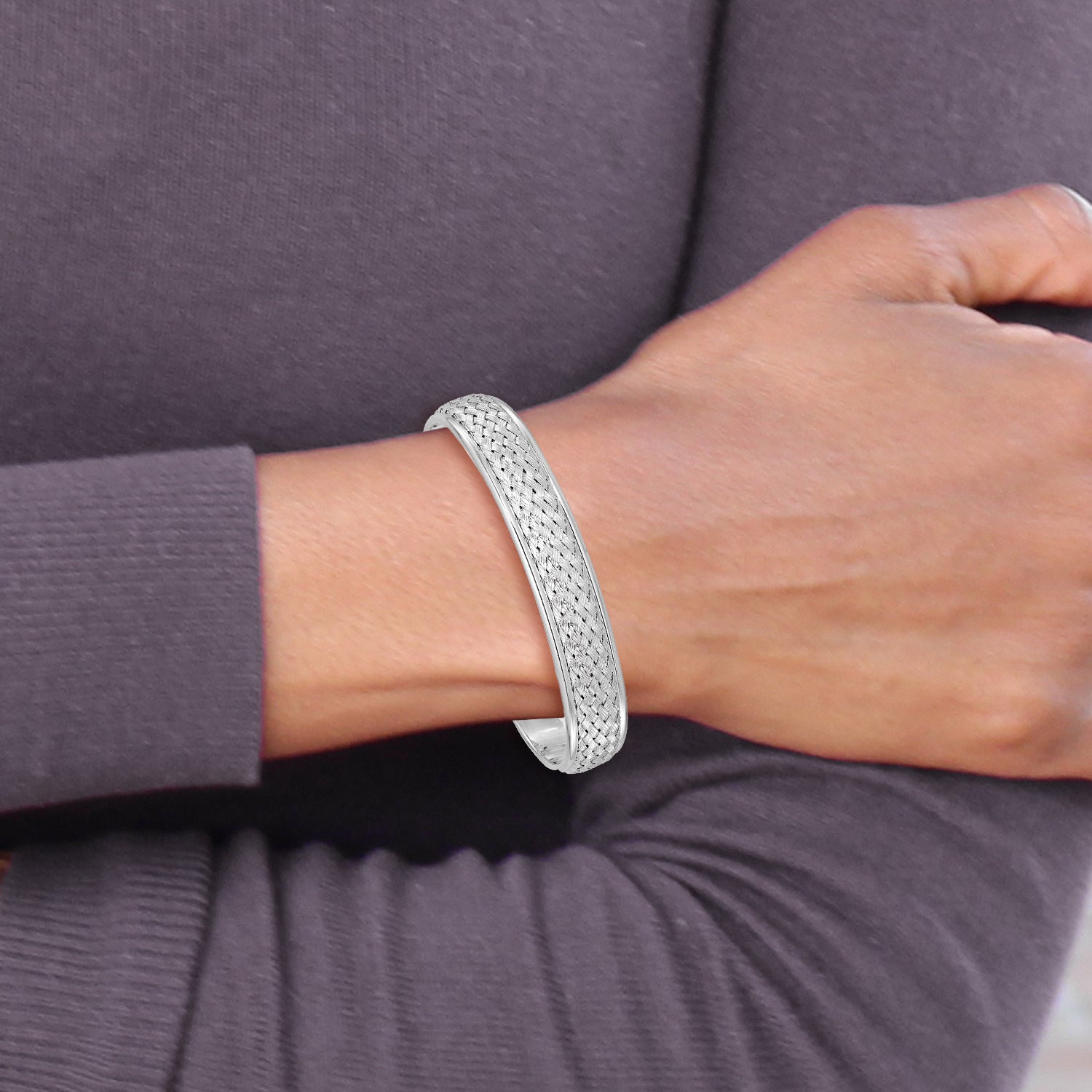 Sterling Silver Rhodium-plated Polished and Textured Cuff Bangle