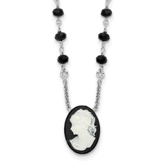 Sterling SilverRhodium-Rhodium-Plated Black Glass Beads Resin Cameo 1.5in ext.