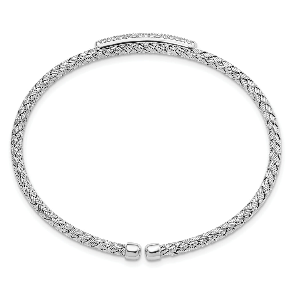 Sterling Silver RH-plated CZ Woven Flexible Cuff Bangle