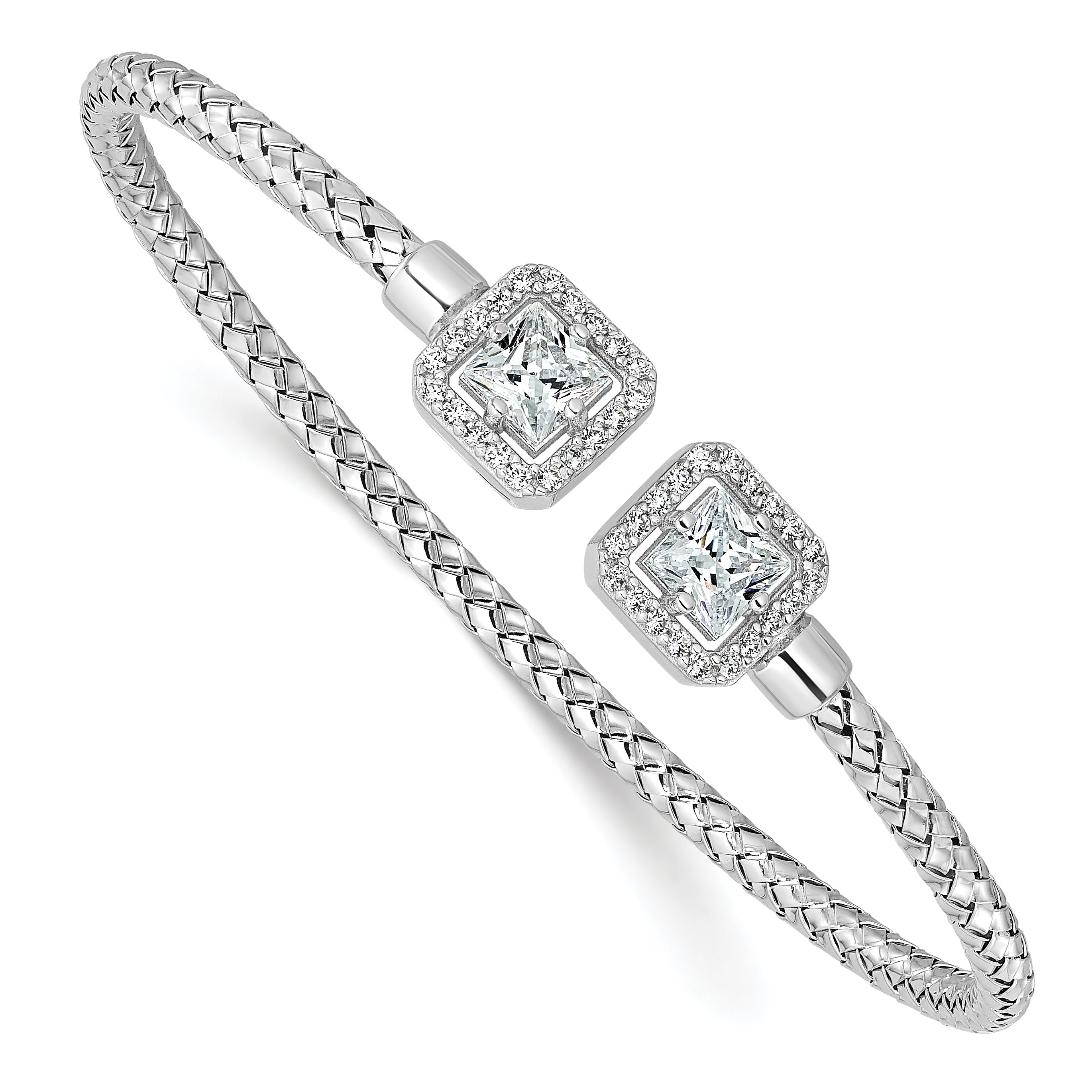 Sterling Silver RH-plated CZ Polished Square Halo Cuff Bangle Main image