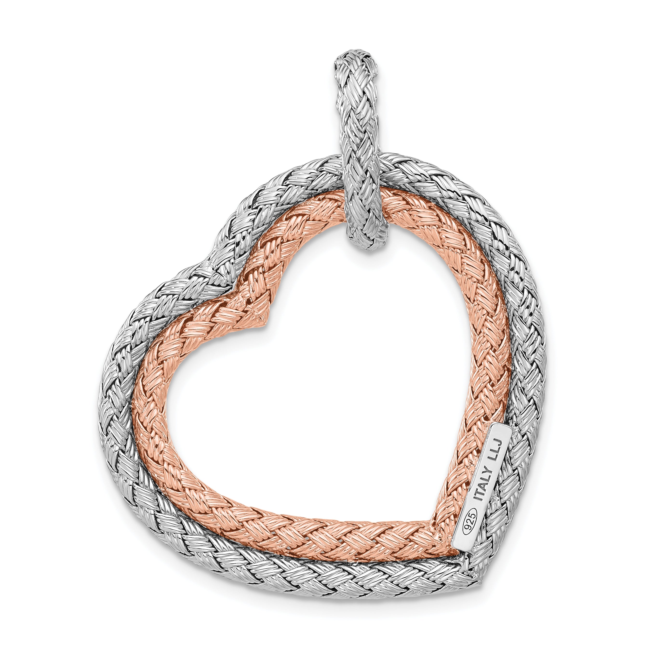 Sterling Silver Rh-plat and Rose-plated Woven Hearts Pendant