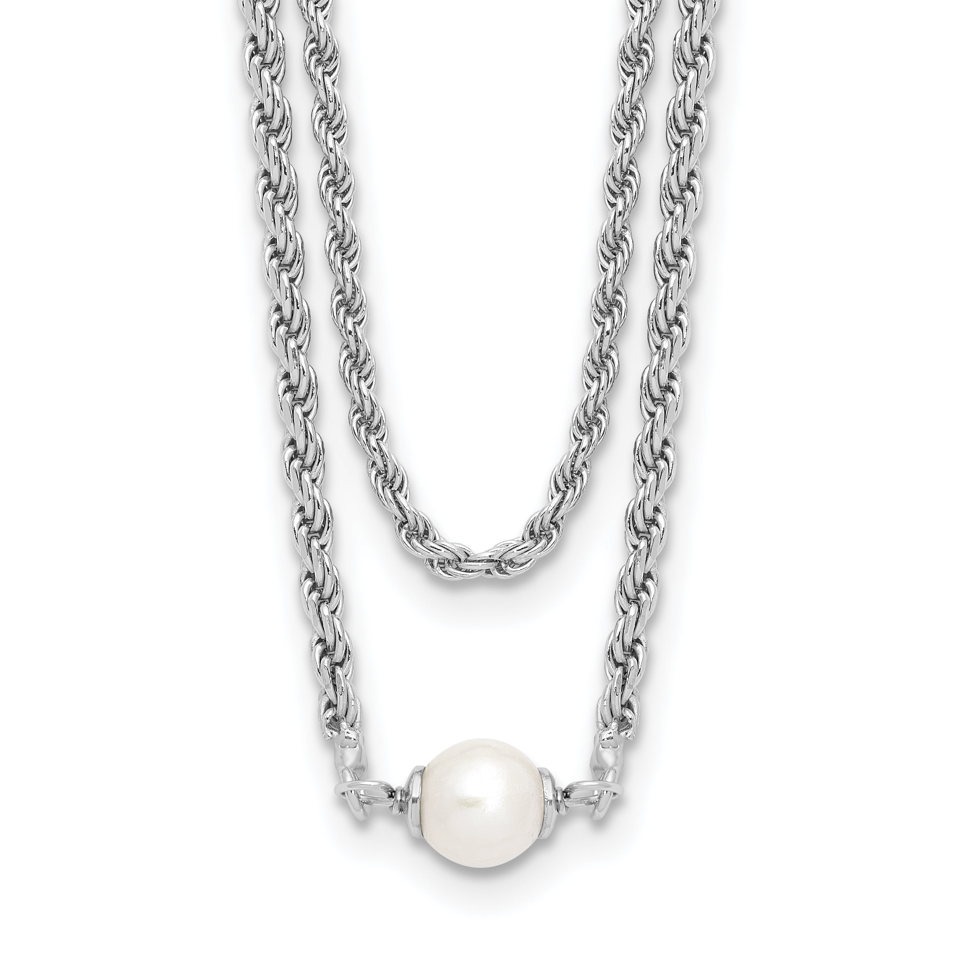 Sterling Silver Rhodium-Plated-plt Polish 2-strand FWC Pearl With 2 Inch Extention Necklac