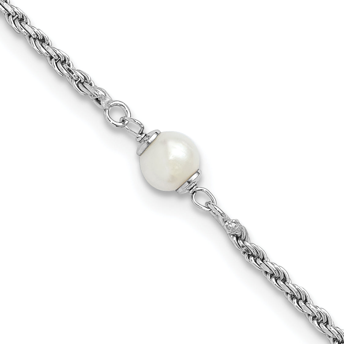 Sterling Silver Rhodium-Plated-plt Polished FWC Pearl with 2in ext. Bracelet