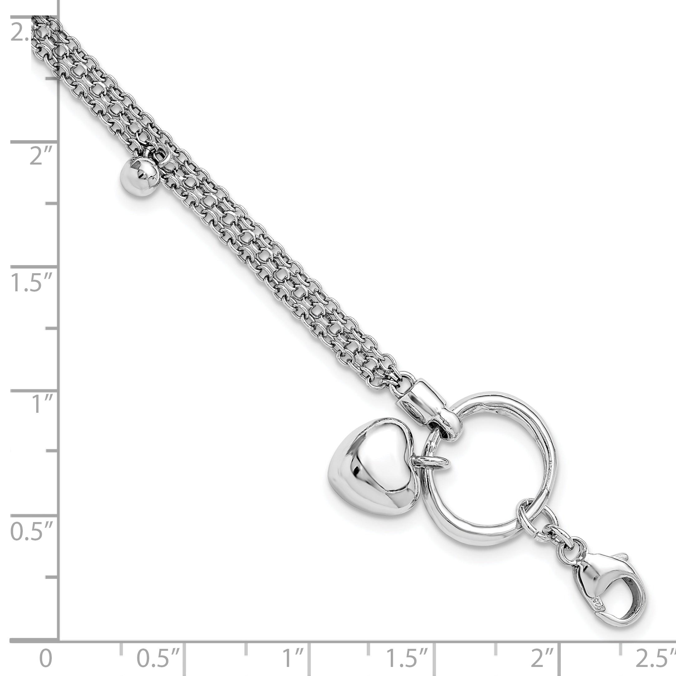Sterling Silver Rh-plated Heart 3-strand w/ 1in ext. Bracelet