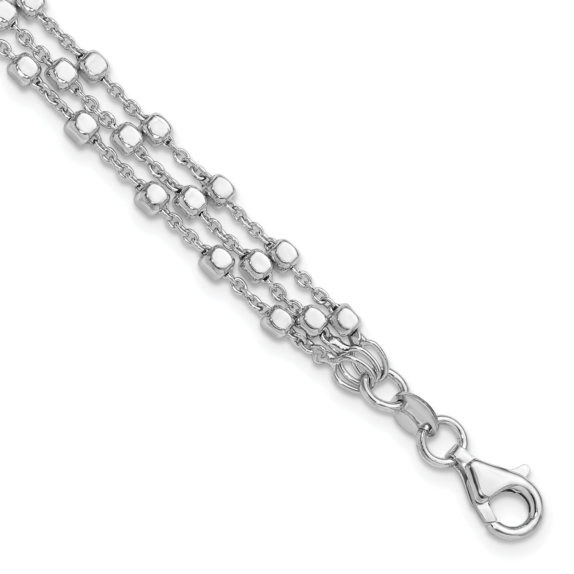 Sterling Silver Rhodium-Plated-plt 3 Strand Beaded 7.5in w/1in ext. Bracelet