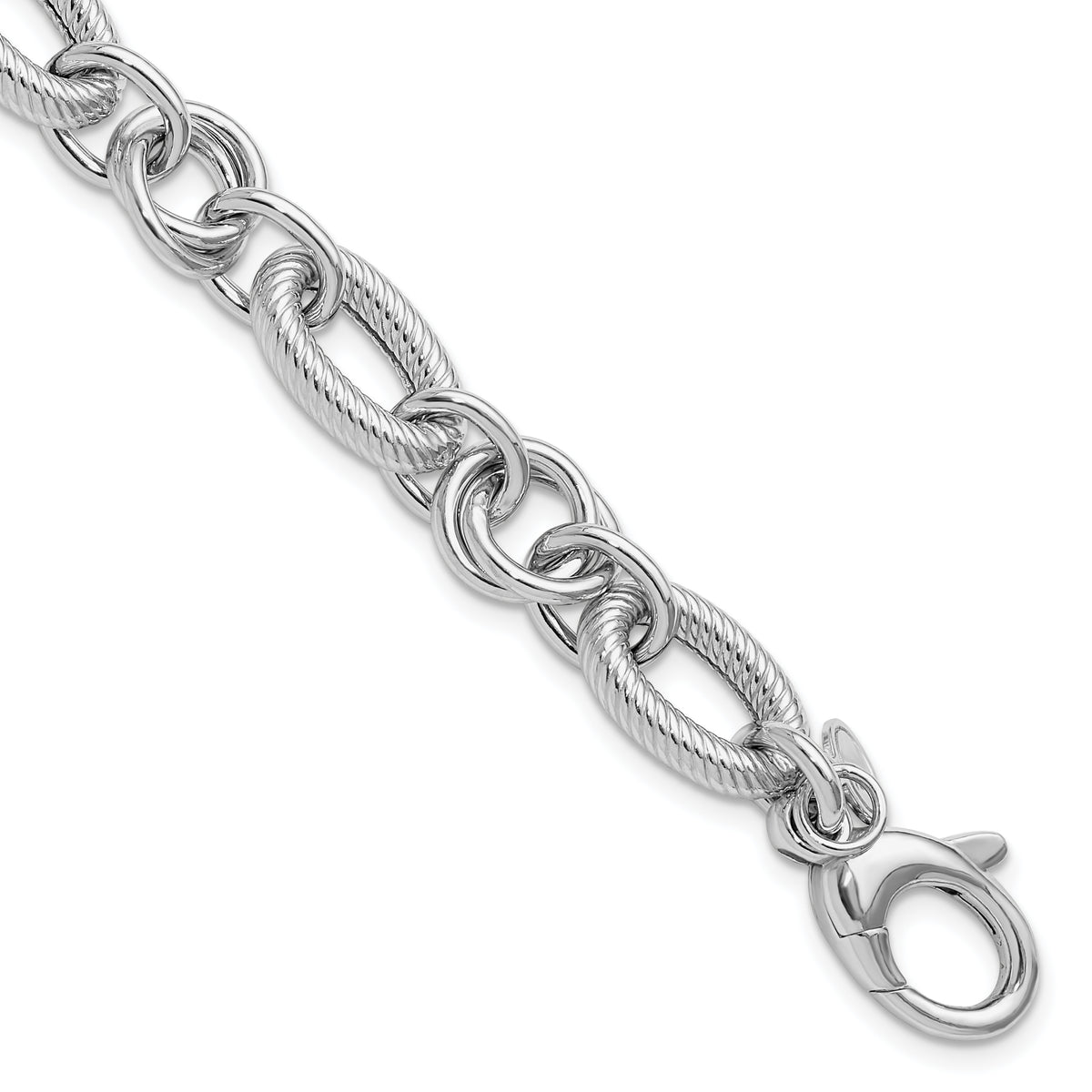SSRhodium-Rhodium-Plated Polished/Textured Fancy Link w/.25in ext. Bracelet