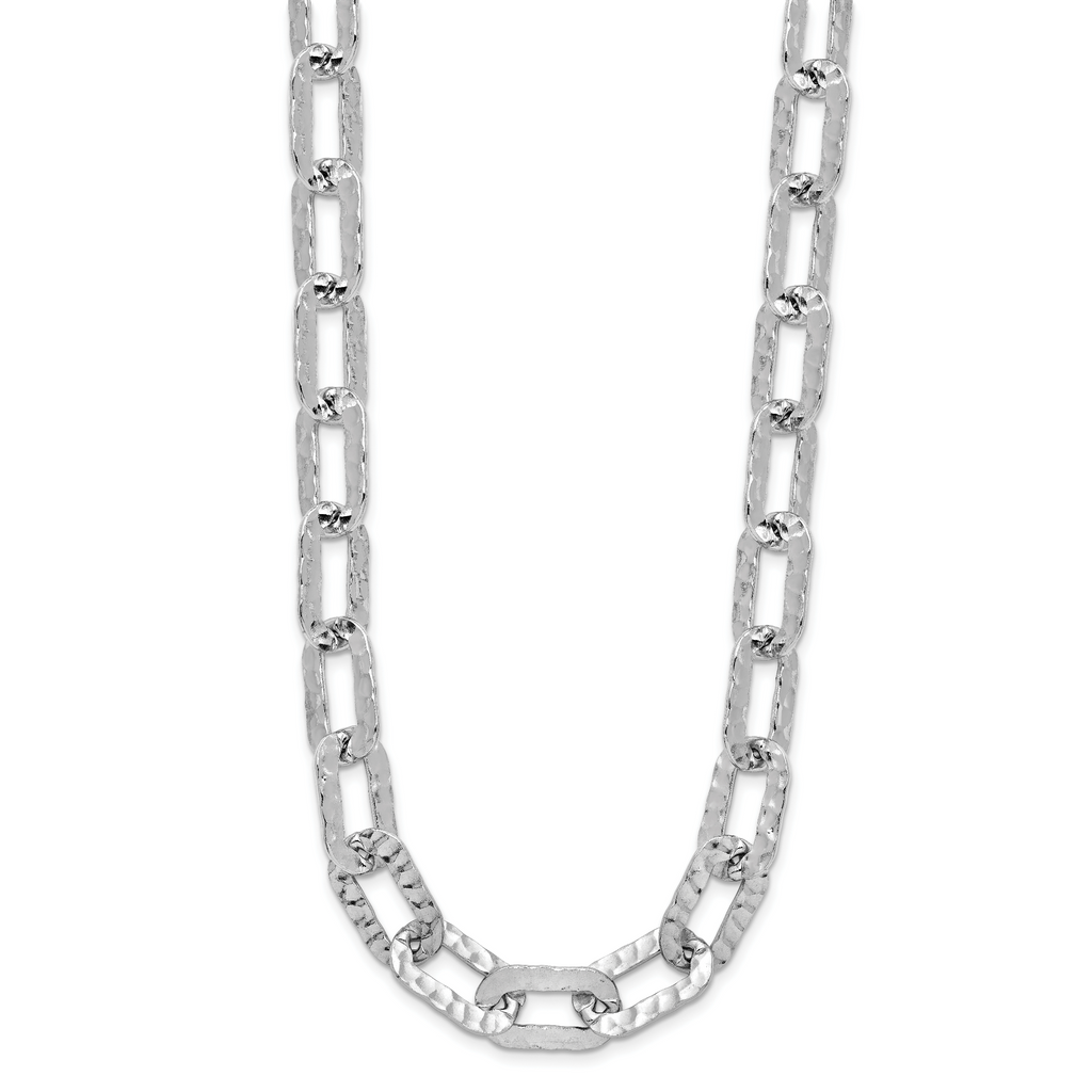 Sterling Silver Rh-plat Polish/Hammered Fancy w/2in ext. Necklace