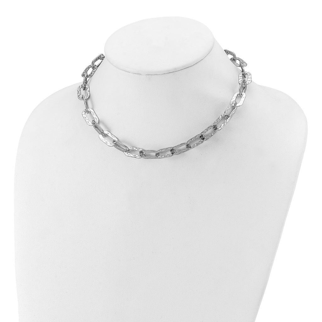 Sterling Silver Rh-plat Polish/Hammered Fancy w/2in ext. Necklace