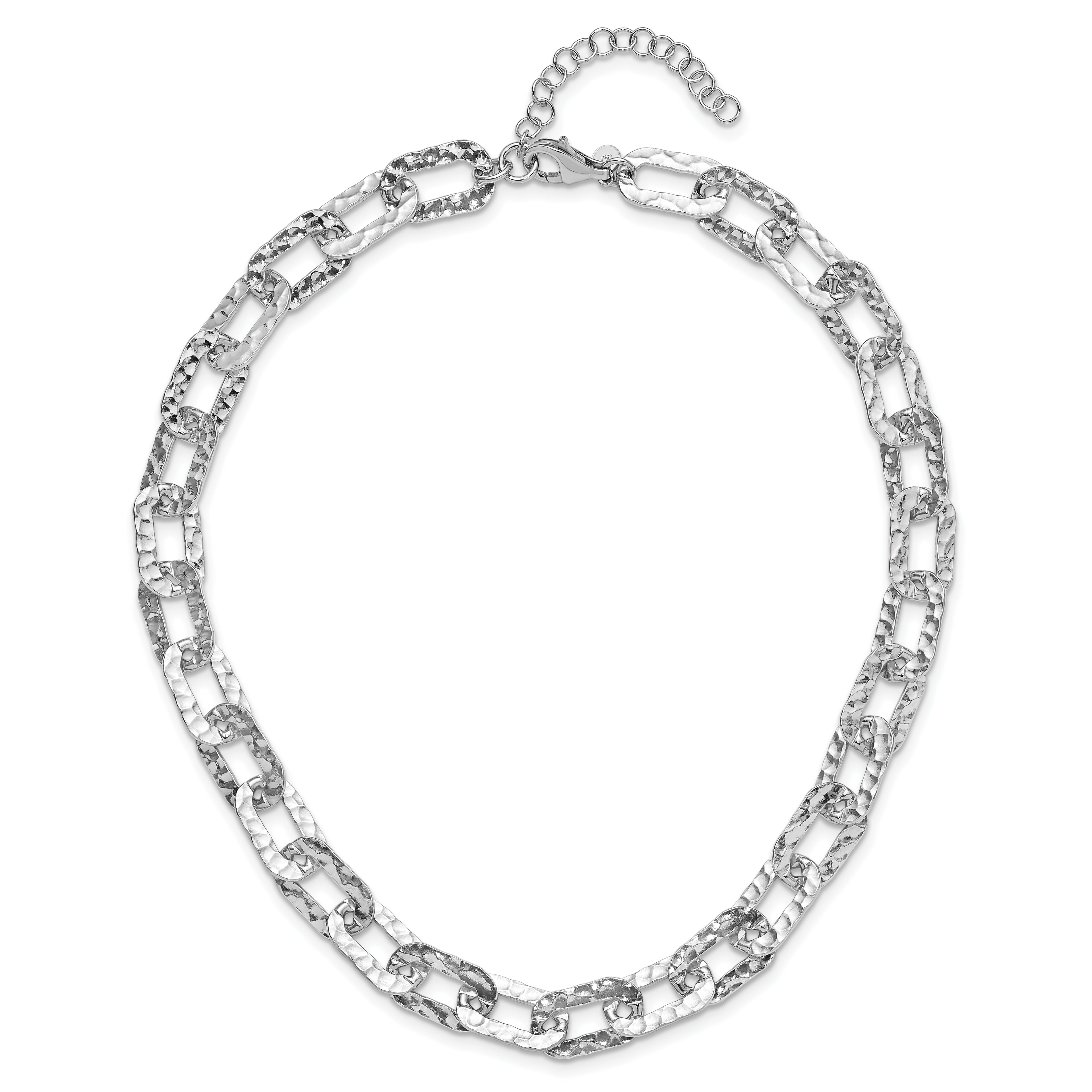 Sterling Silver Rh-plat Polish/Hammered Fancy w/2in ext. Necklace