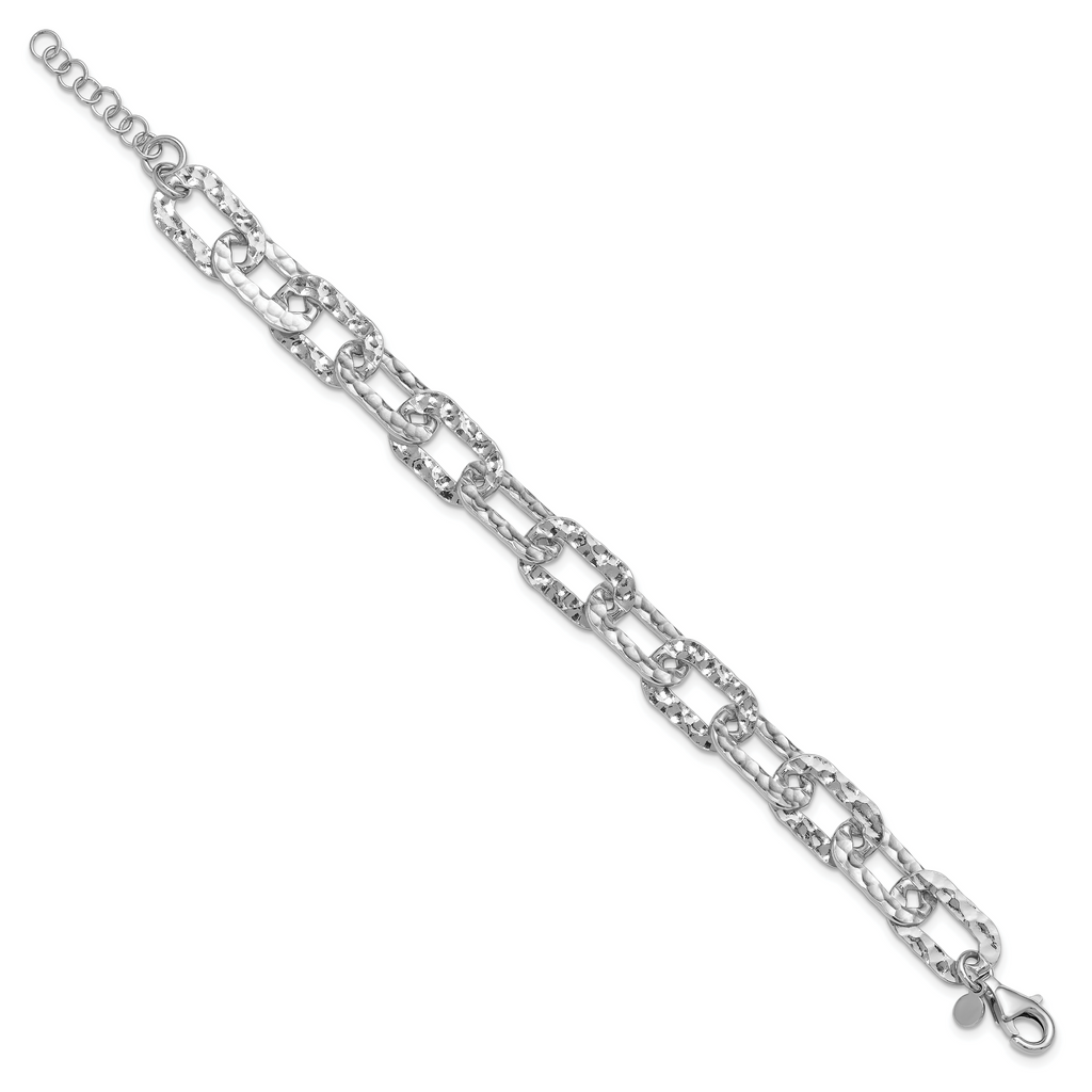Sterling Silver Rh-pl Polished/Hammered Fancy w/1in ext. Bracelet