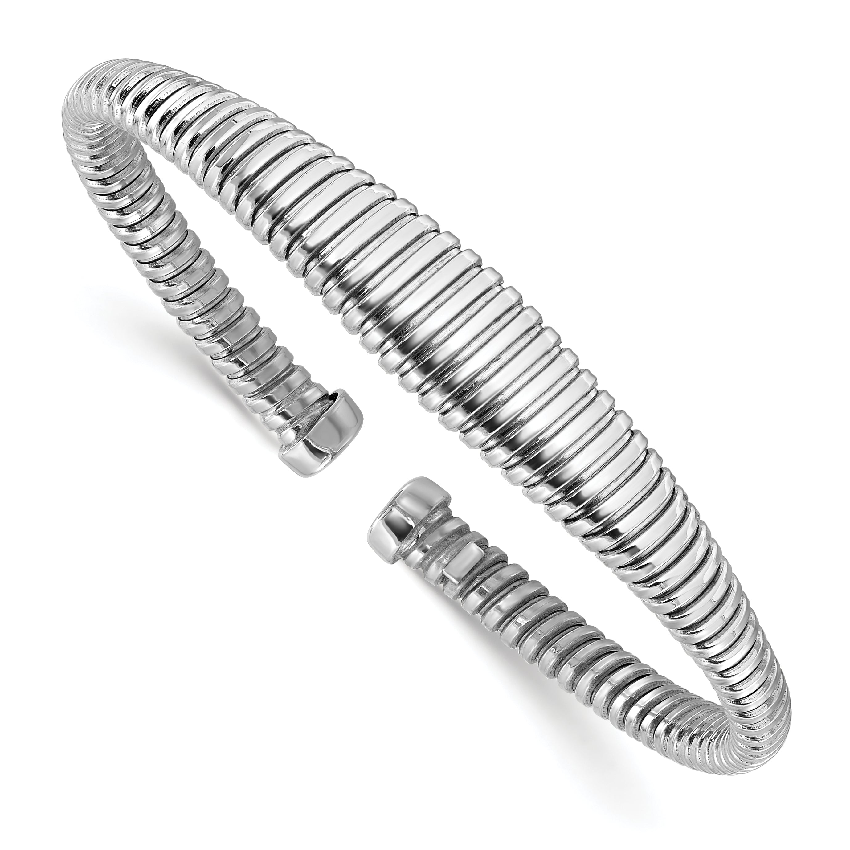 Sterling Silver Rhodium-plated Polished/Grooved Cuff Bangle Main image