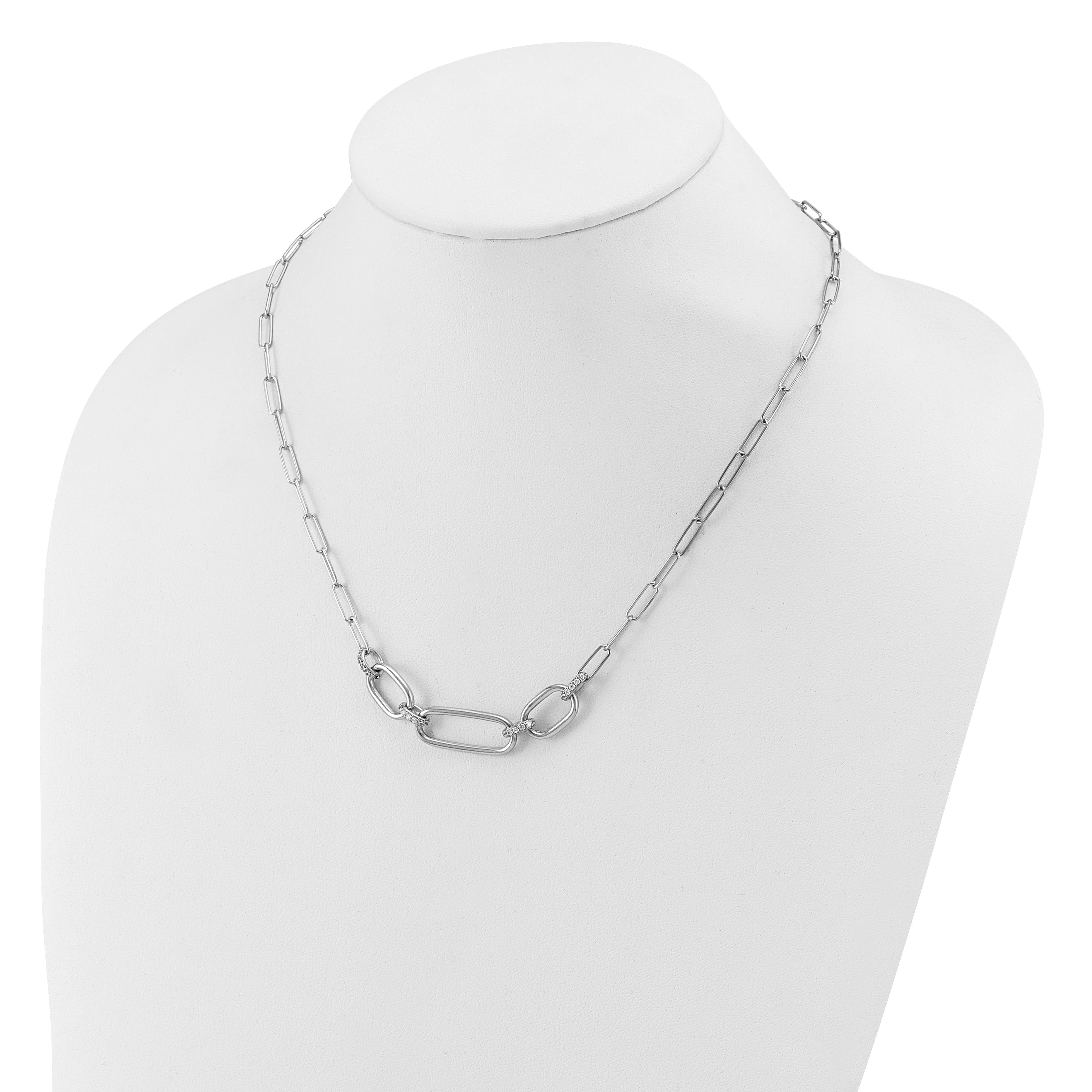Sterling Silver Rh-plated Polished CZ with 2in ext. Necklace
