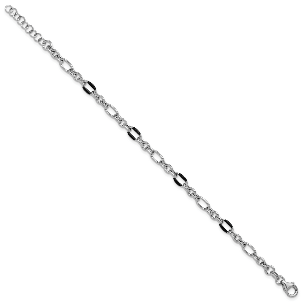 Sterling Silver Rhodium-plt w/Enamel Link with 1in ext. Bracelet