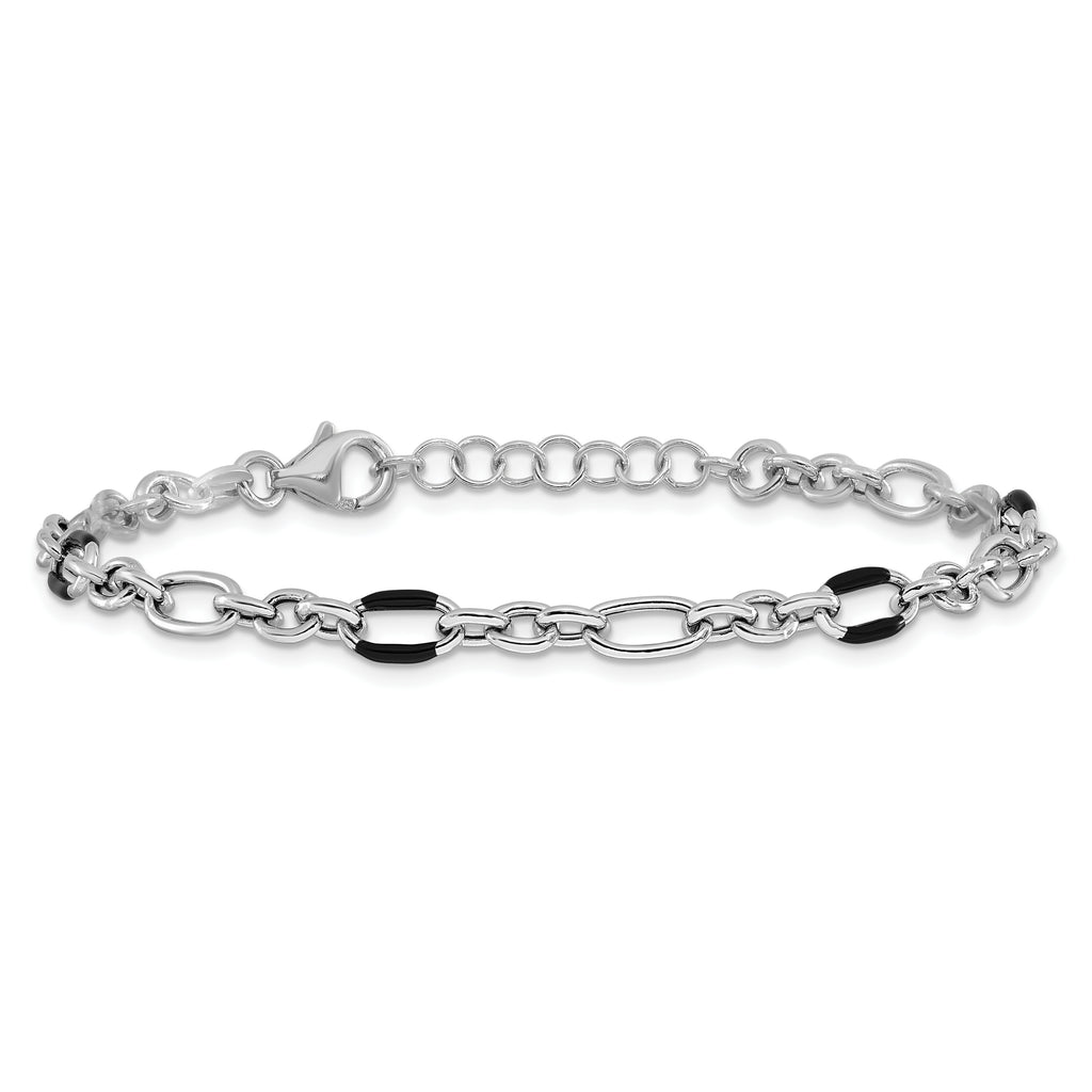 Sterling Silver Rhodium-plt w/Enamel Link with 1in ext. Bracelet