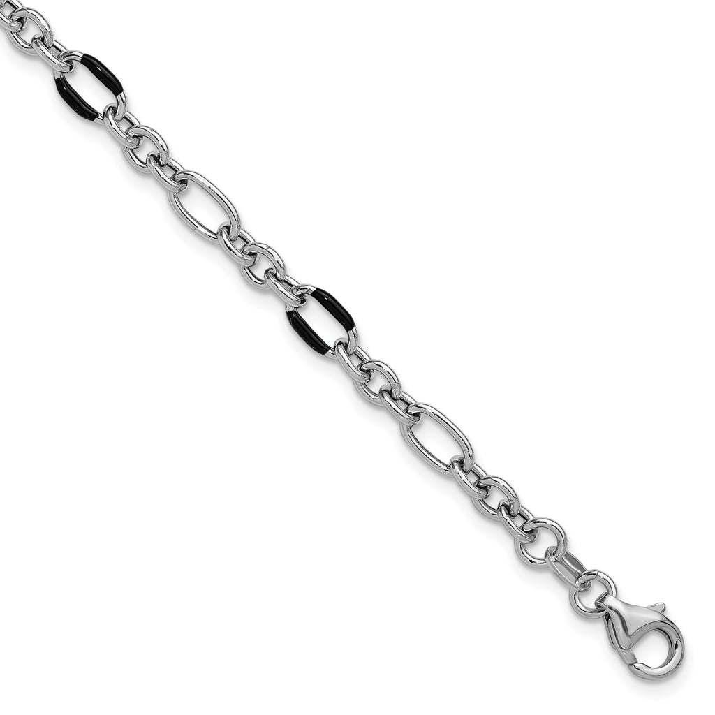 Sterling Silver Rhodium-plt w/Enamel Link with 1in ext. Bracelet