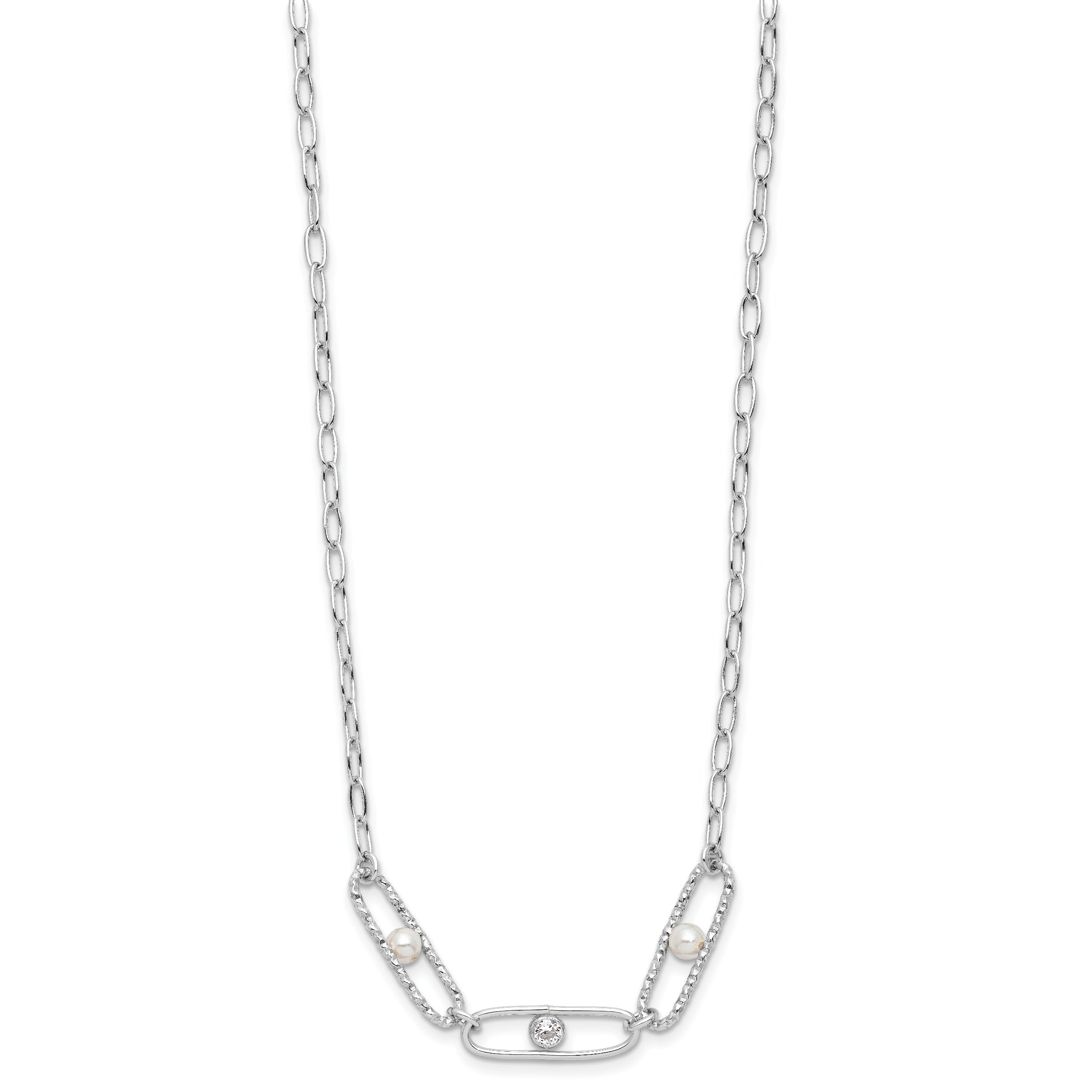 Sterling Silver Rh-plated CZ and Crystal Pearl w/2in ext. Necklace