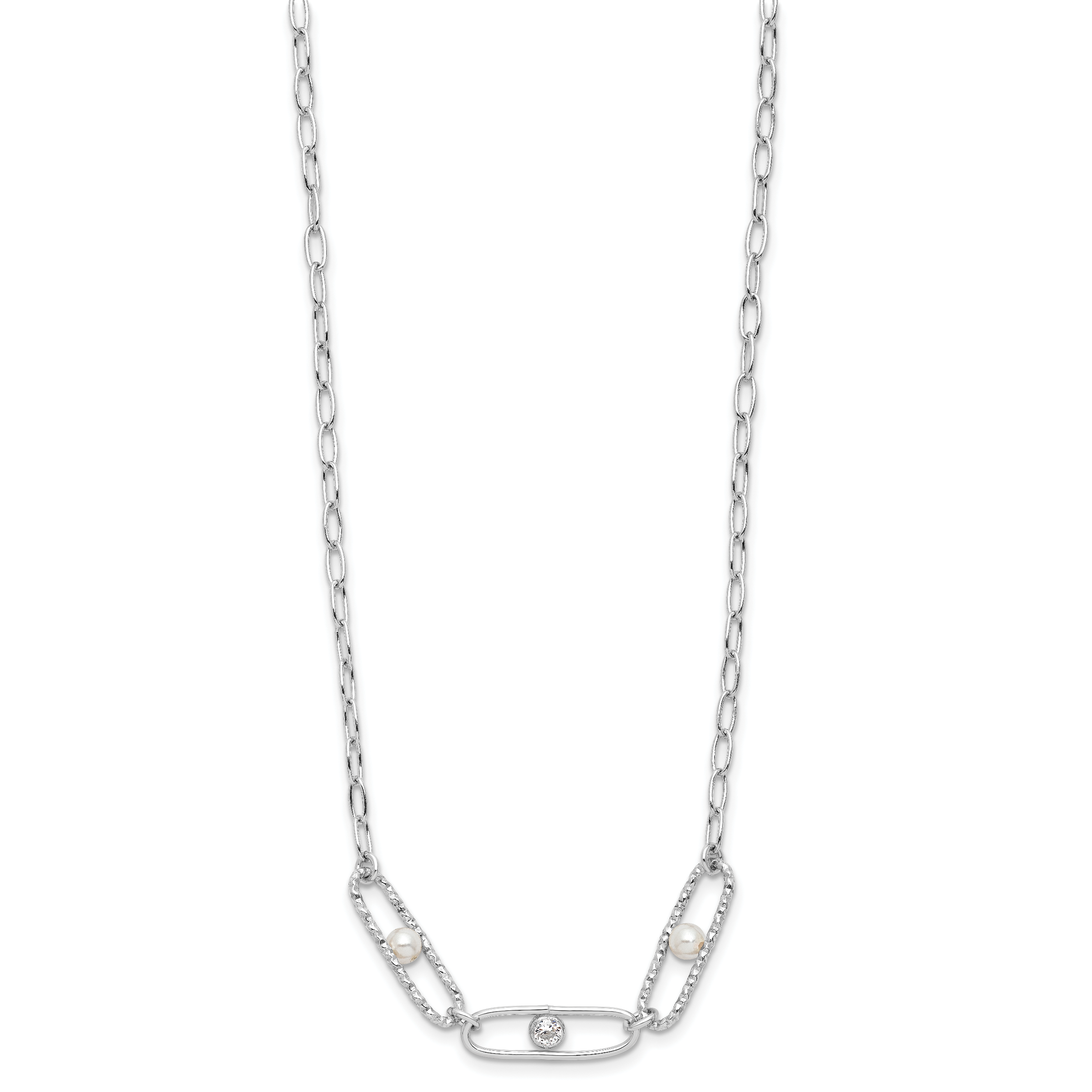 Sterling Silver Rh-plated CZ and Crystal Pearl w/2in ext. Necklace Secondary image