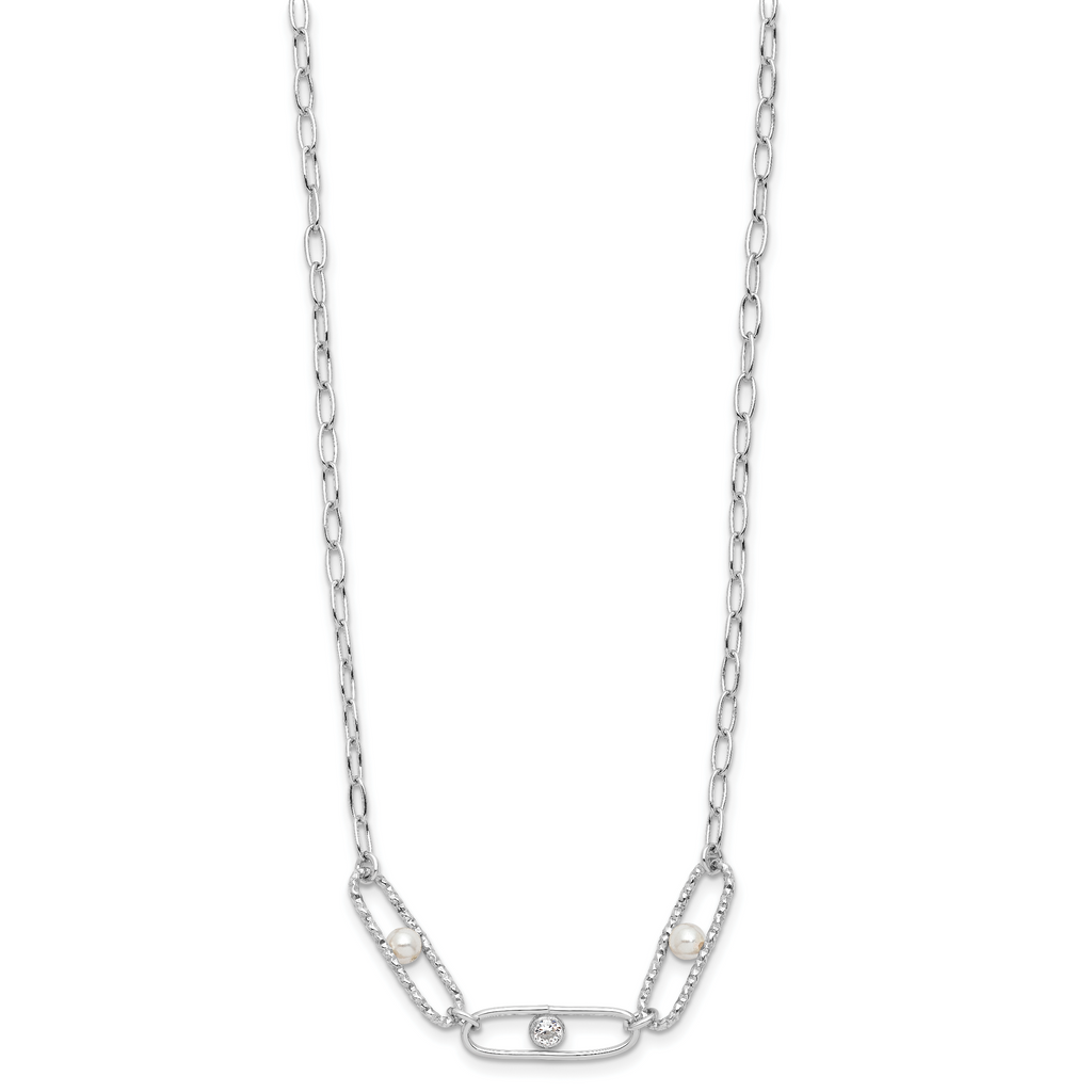 Sterling Silver Rh-plated CZ and Crystal Pearl w/2in ext. Necklace