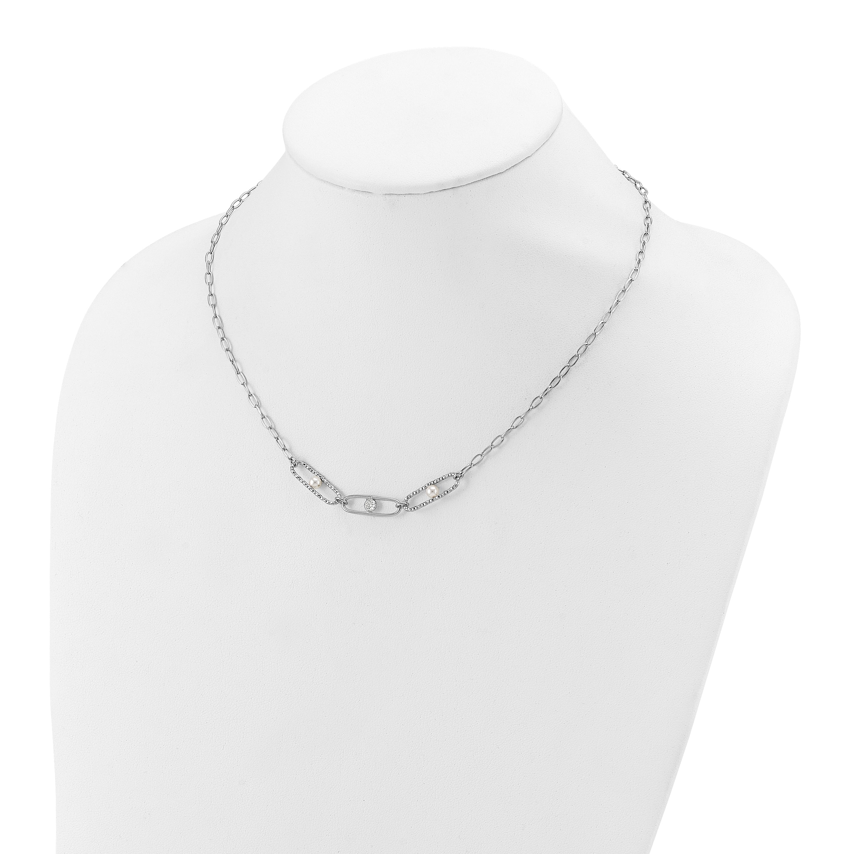 Sterling Silver Rh-plated CZ and Crystal Pearl w/2in ext. Necklace