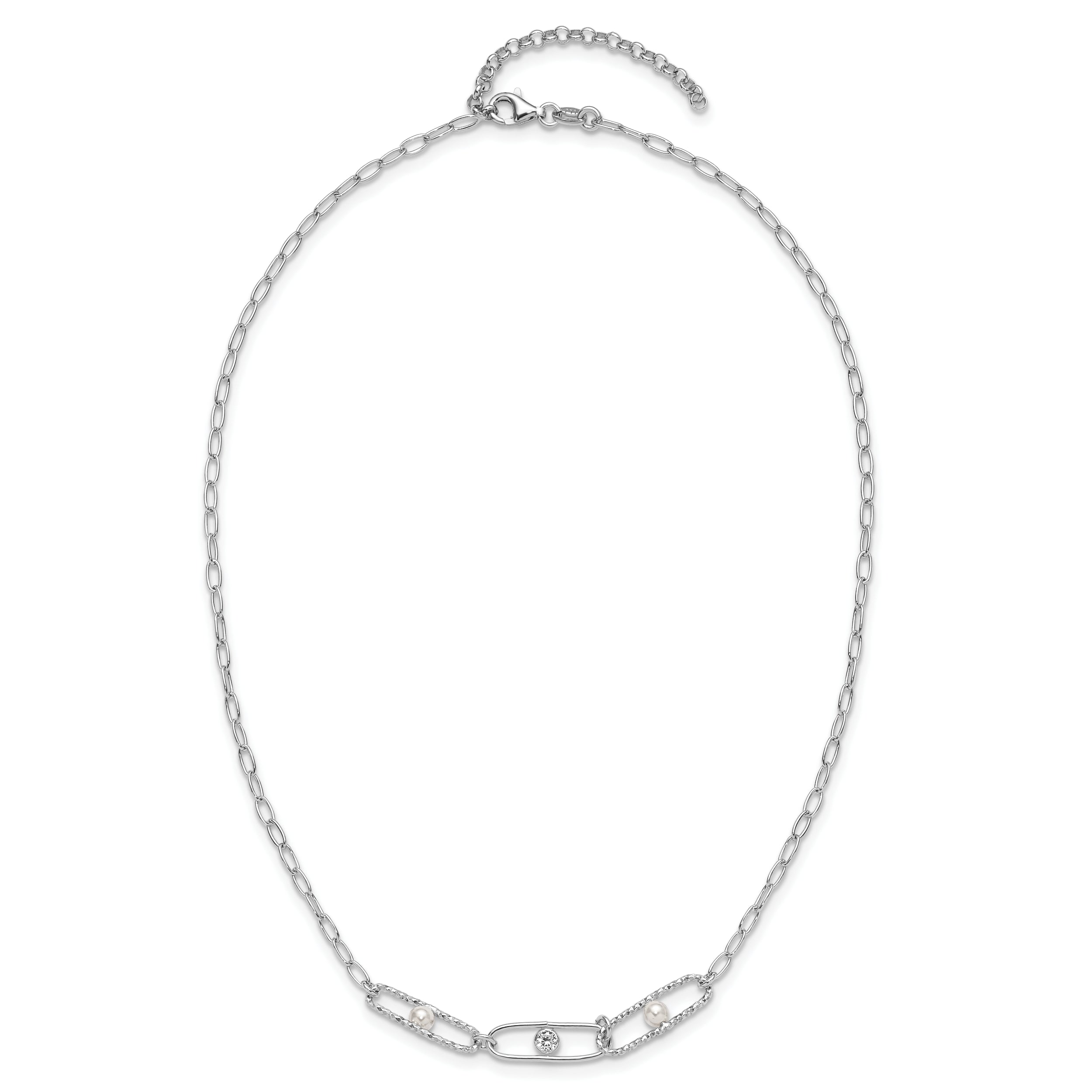 Sterling Silver Rh-plated CZ and Crystal Pearl w/2in ext. Necklace