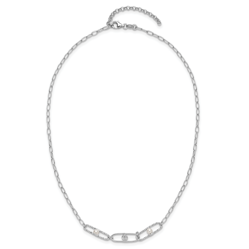 Sterling Silver Rh-plated CZ and Crystal Pearl w/2in ext. Necklace