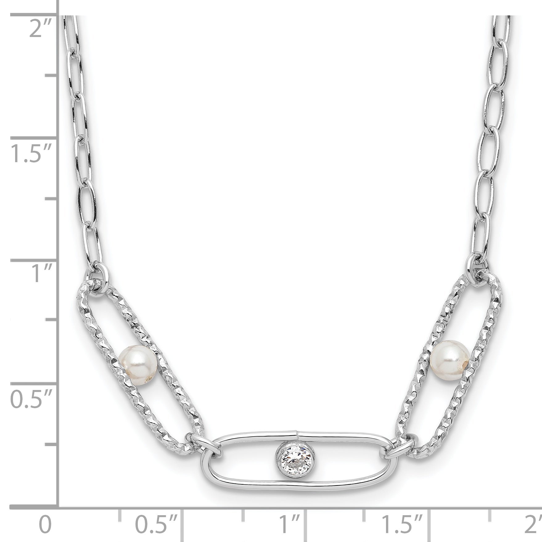 Sterling Silver Rh-plated CZ and Crystal Pearl w/2in ext. Necklace