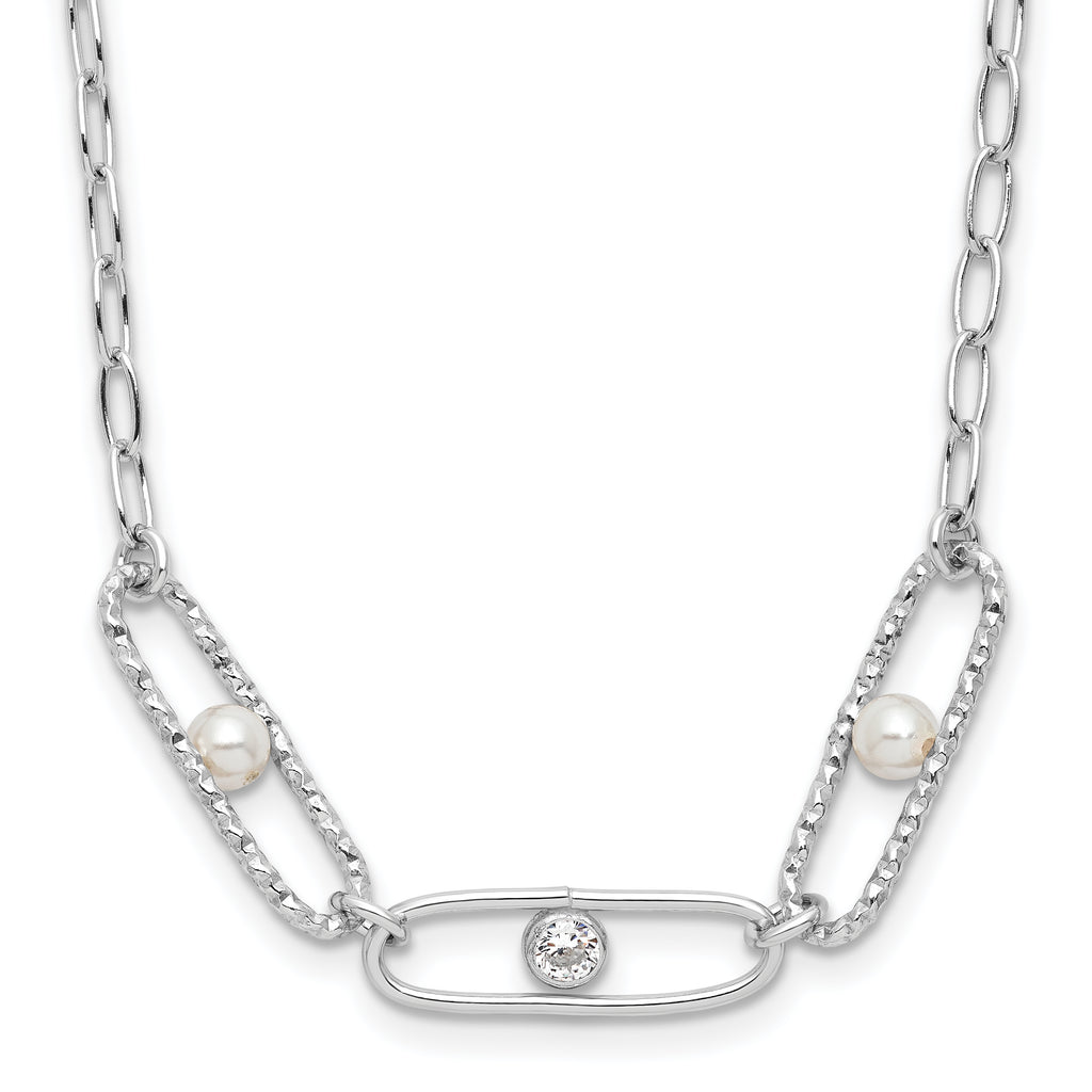Sterling Silver Rh-plated CZ and Crystal Pearl w/2in ext. Necklace