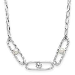Sterling Silver Rh-plated CZ and Crystal Pearl w/2in ext. Necklace