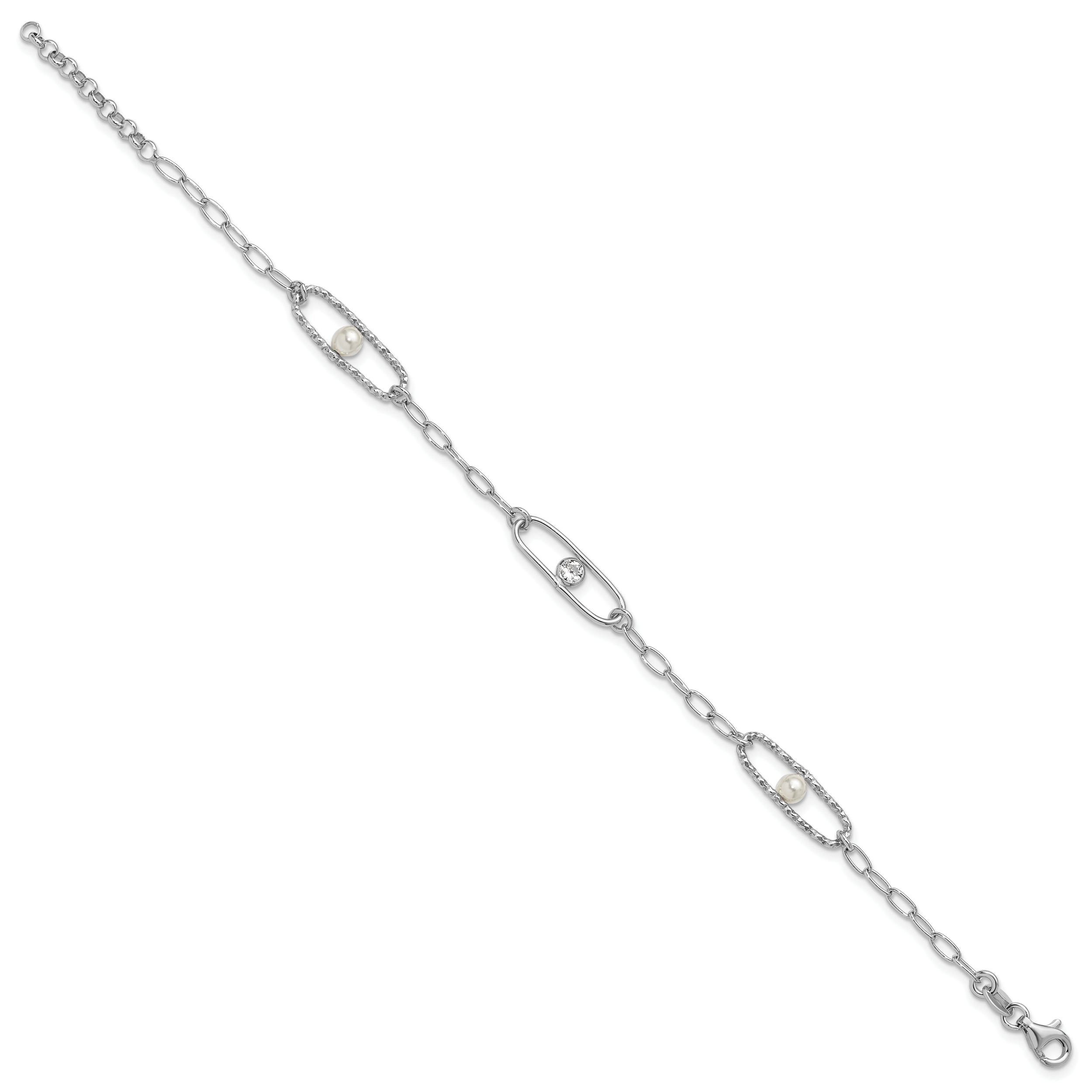 Sterling Silver Rh-plated CZ and Crystal Pearl w/1in ext. Bracelet