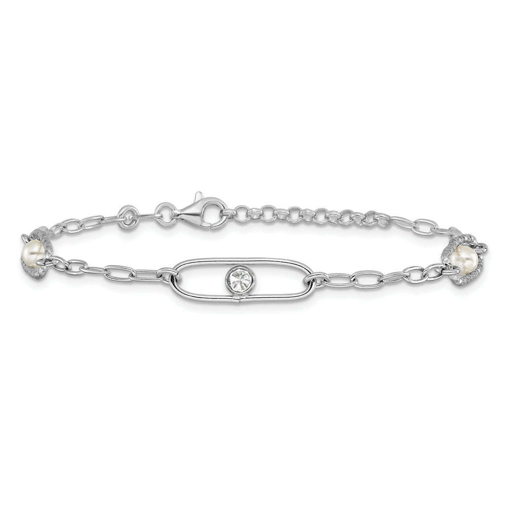 Sterling Silver Rh-plated CZ and Crystal Pearl w/1in ext. Bracelet