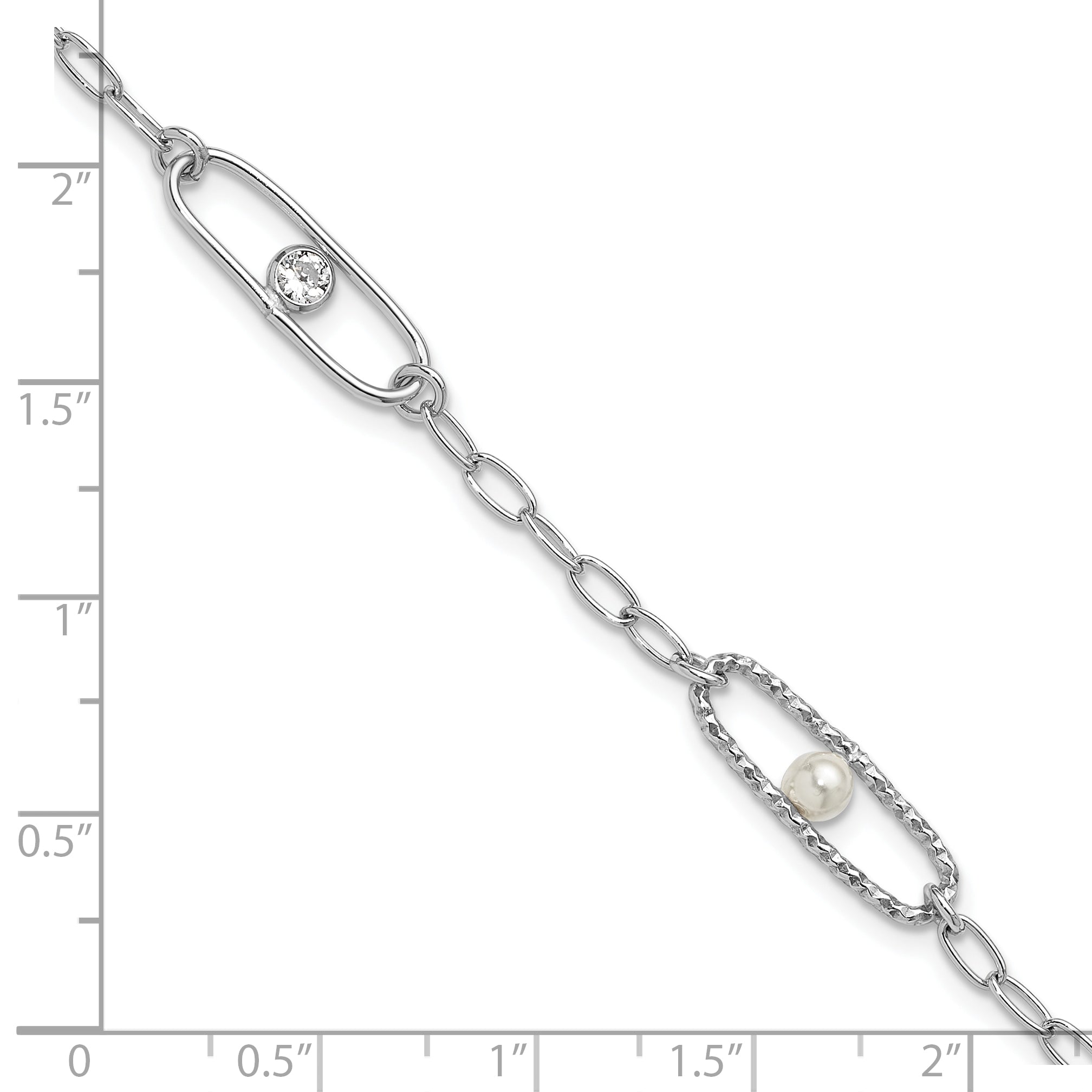 Sterling Silver Rh-plated CZ and Crystal Pearl w/1in ext. Bracelet