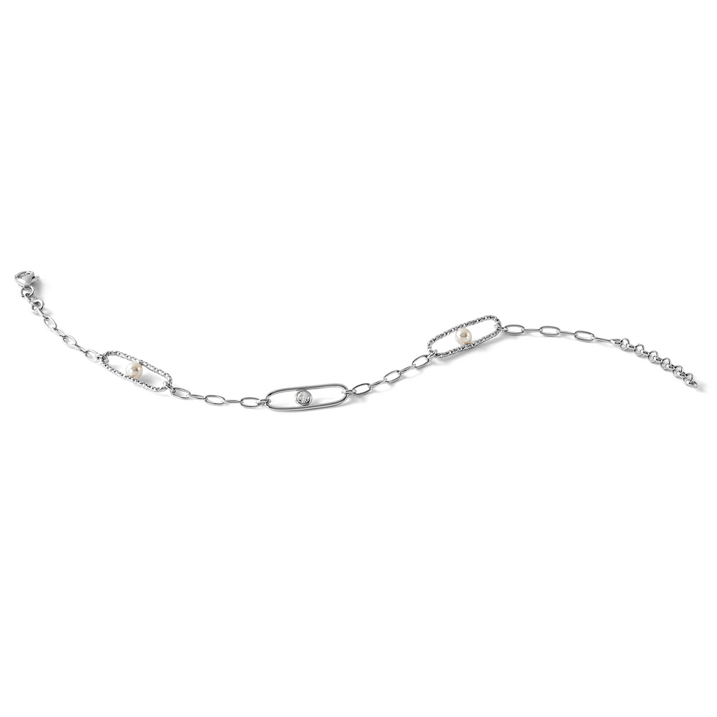 Sterling Silver Rh-plated CZ and Crystal Pearl w/1in ext. Bracelet