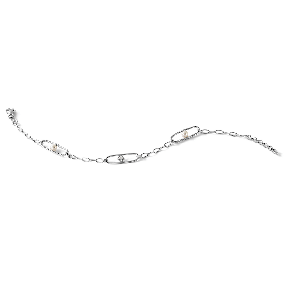 Sterling Silver Rh-plated CZ and Crystal Pearl w/1in ext. Bracelet