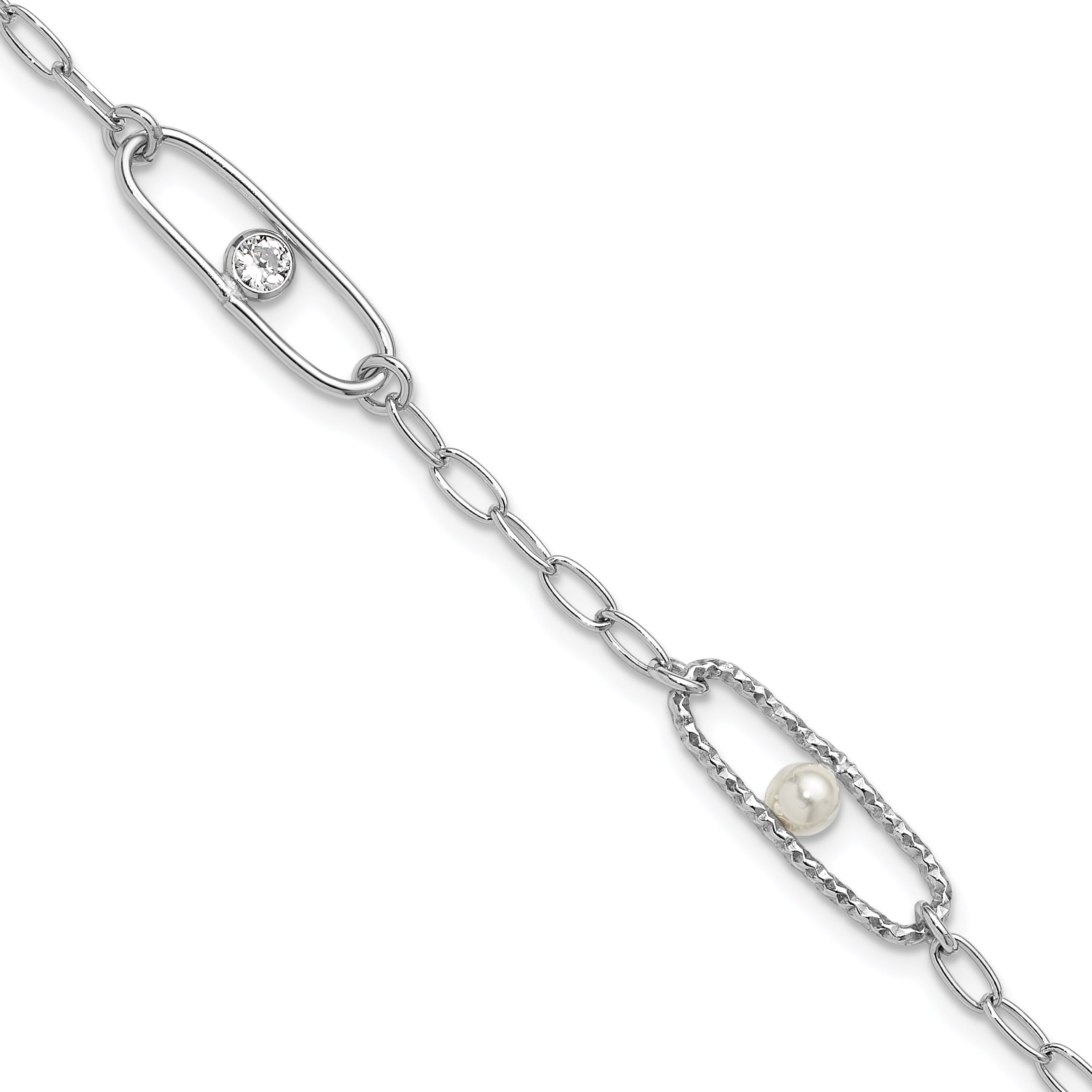 Sterling Silver Rh-plated CZ and Crystal Pearl w/1in ext. Bracelet Main image
