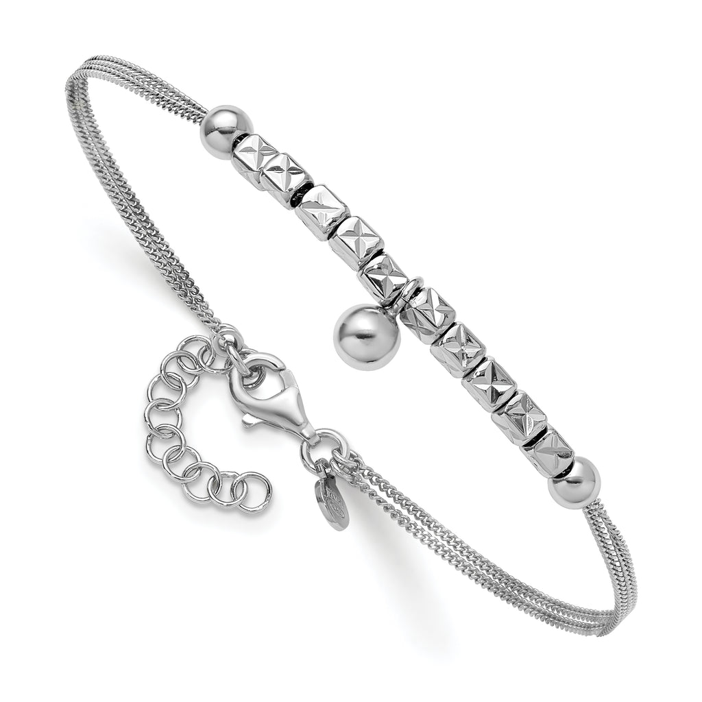 Sterling Silver RH-plat Pol. Fancy 2-strand w/1in ext. Bracelet