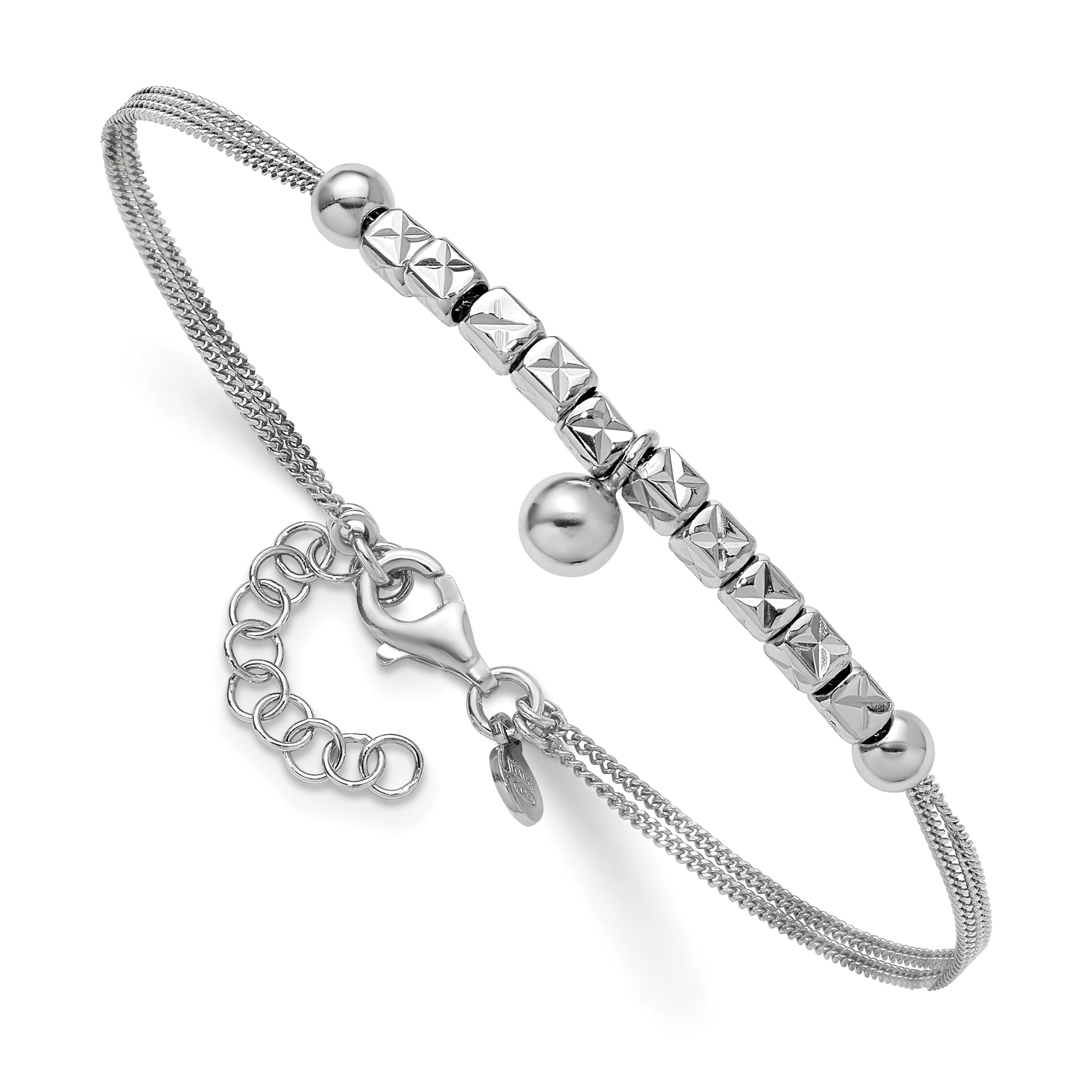 Sterling Silver RH-plat Pol. Fancy 2-strand w/1in ext. Bracelet