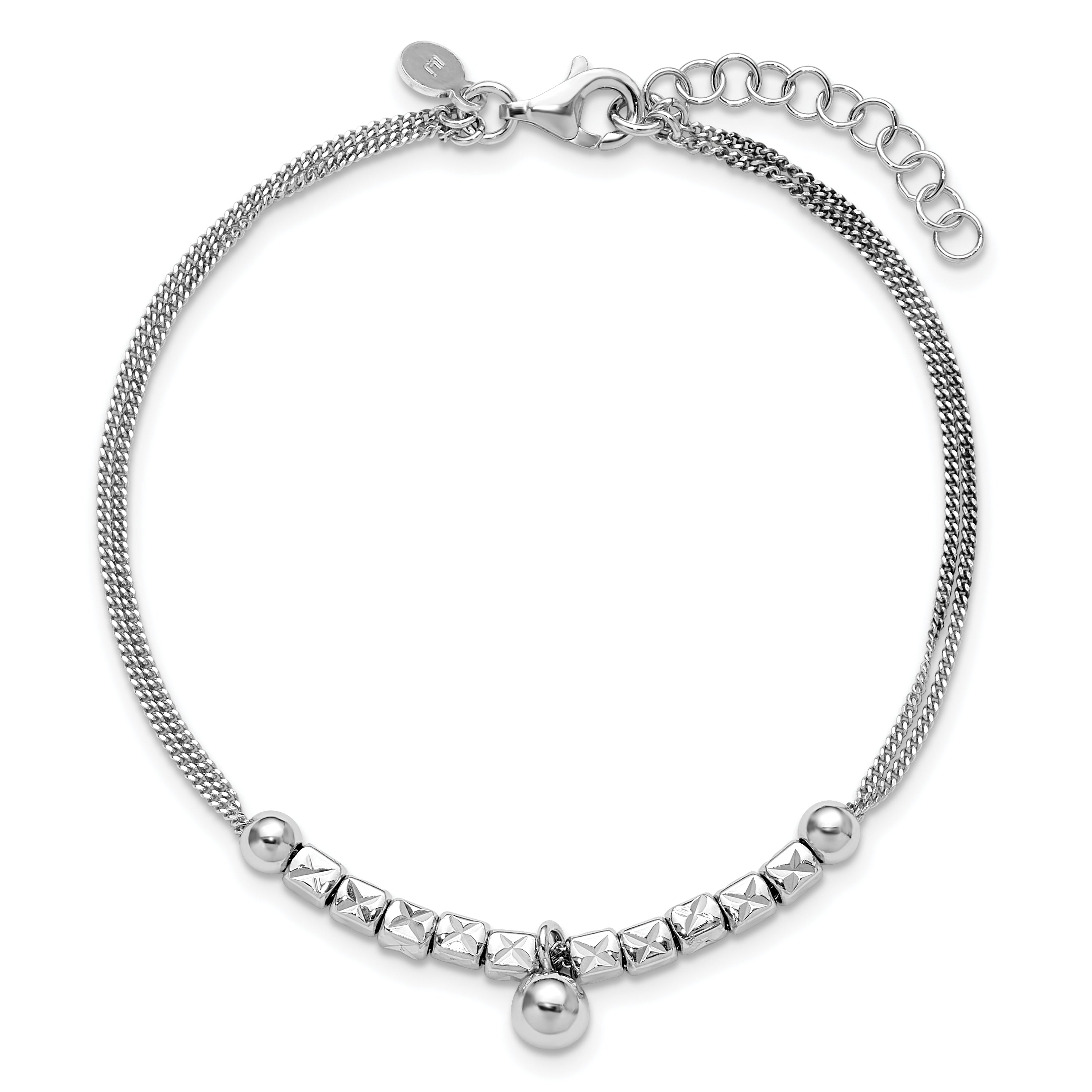 Sterling Silver RH-plat Pol. Fancy 2-strand w/1in ext. Bracelet
