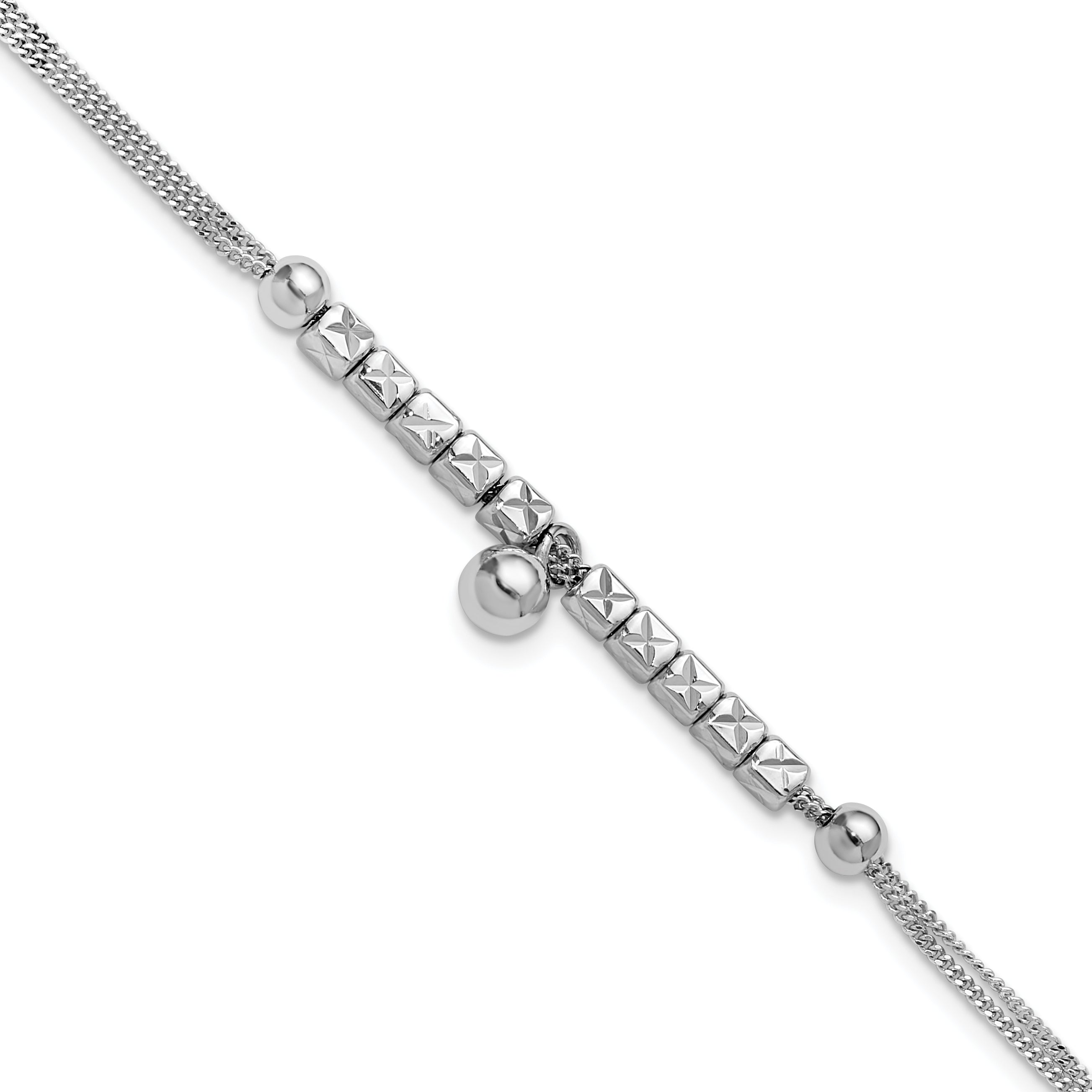 Sterling Silver RH-plat Pol. Fancy 2-strand w/1in ext. Bracelet