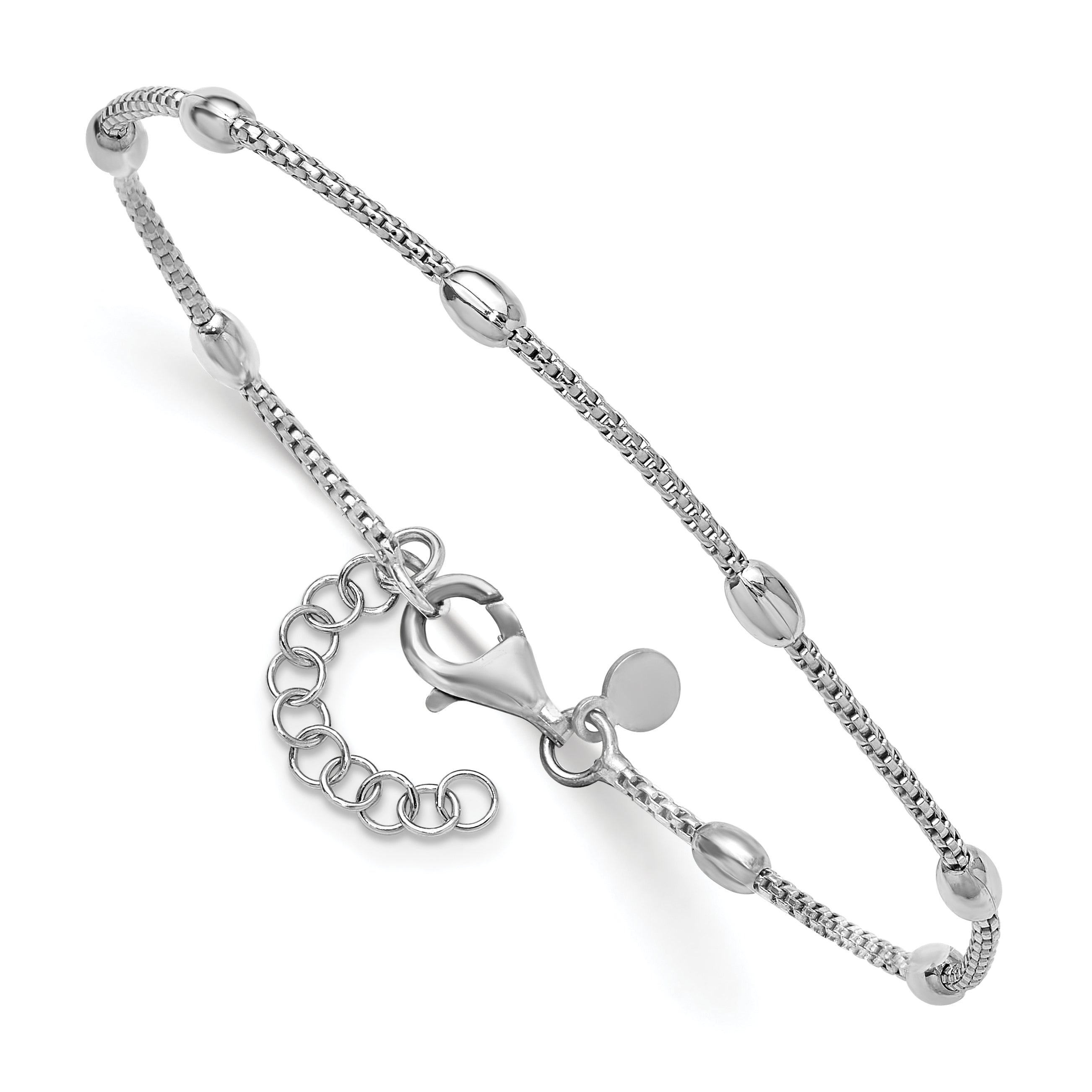 Sterling Silver RH-plated Fancy Bead  w/1in ext. Bracelet