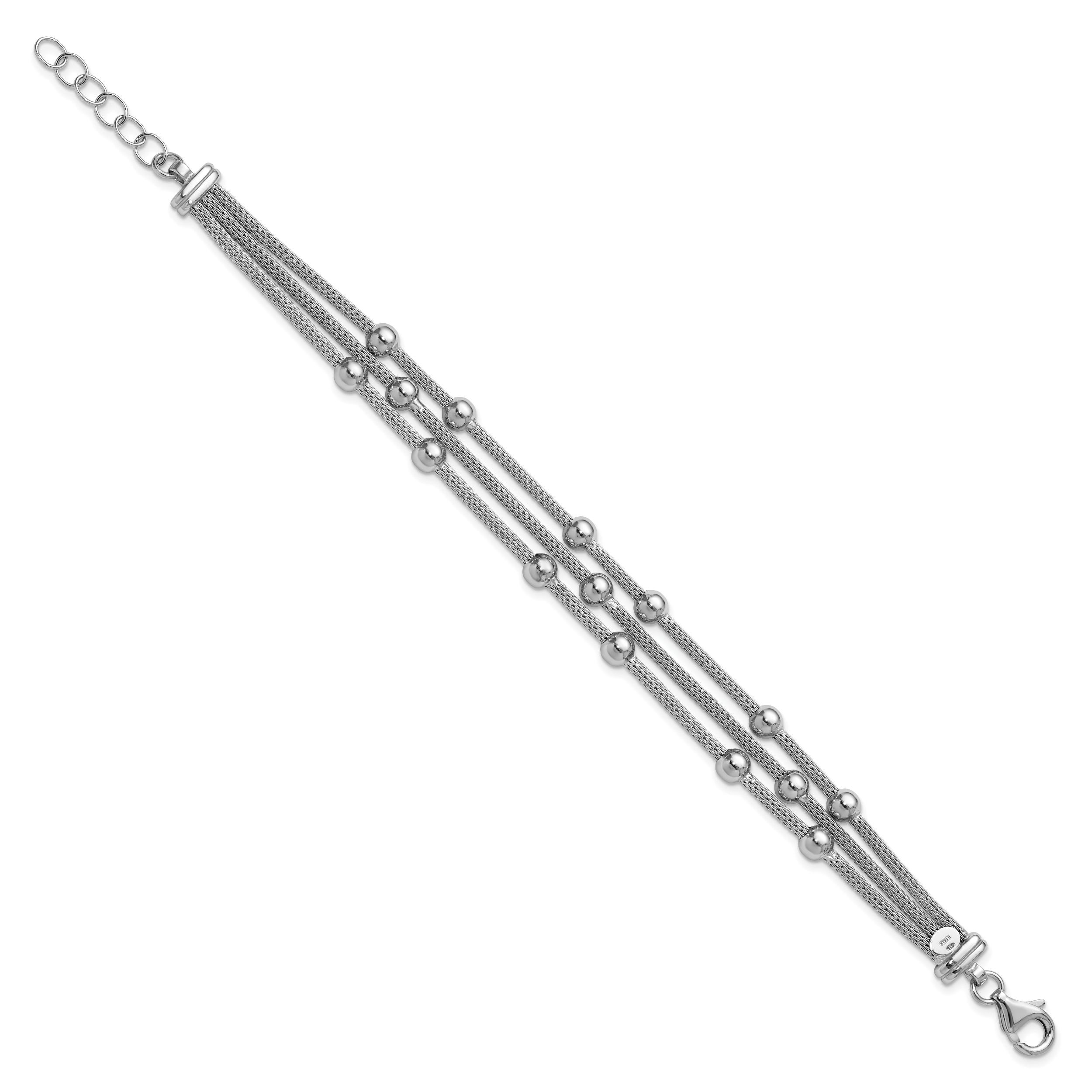 SS RH-plated Polished 3-strand Bead w/1in ext. Bracelet