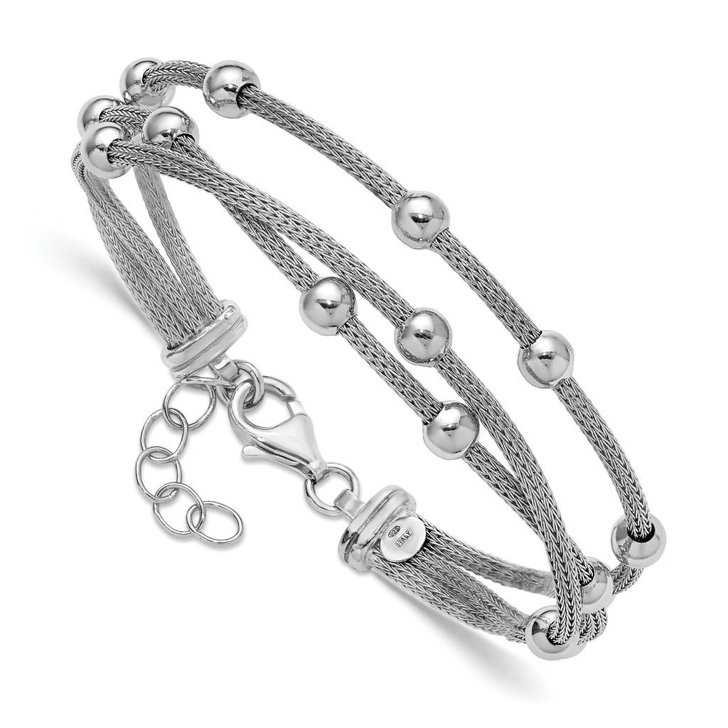 SS RH-plated Polished 3-strand Bead w/1in ext. Bracelet