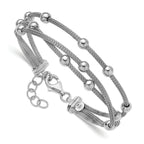 SS RH-plated Polished 3-strand Bead w/1in ext. Bracelet