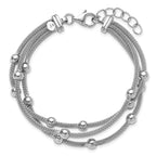 SS RH-plated Polished 3-strand Bead w/1in ext. Bracelet
