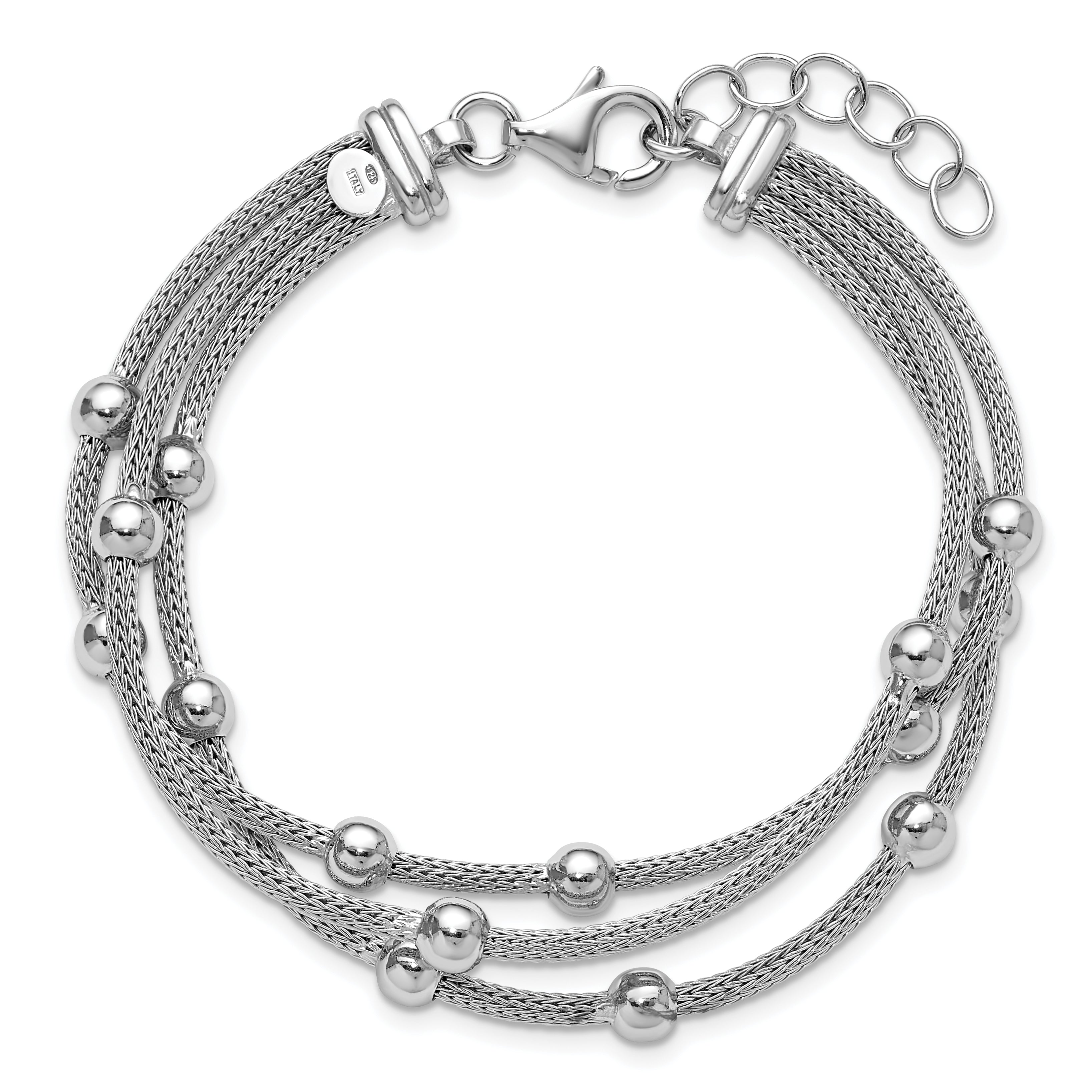 SS RH-plated Polished 3-strand Bead w/1in ext. Bracelet
