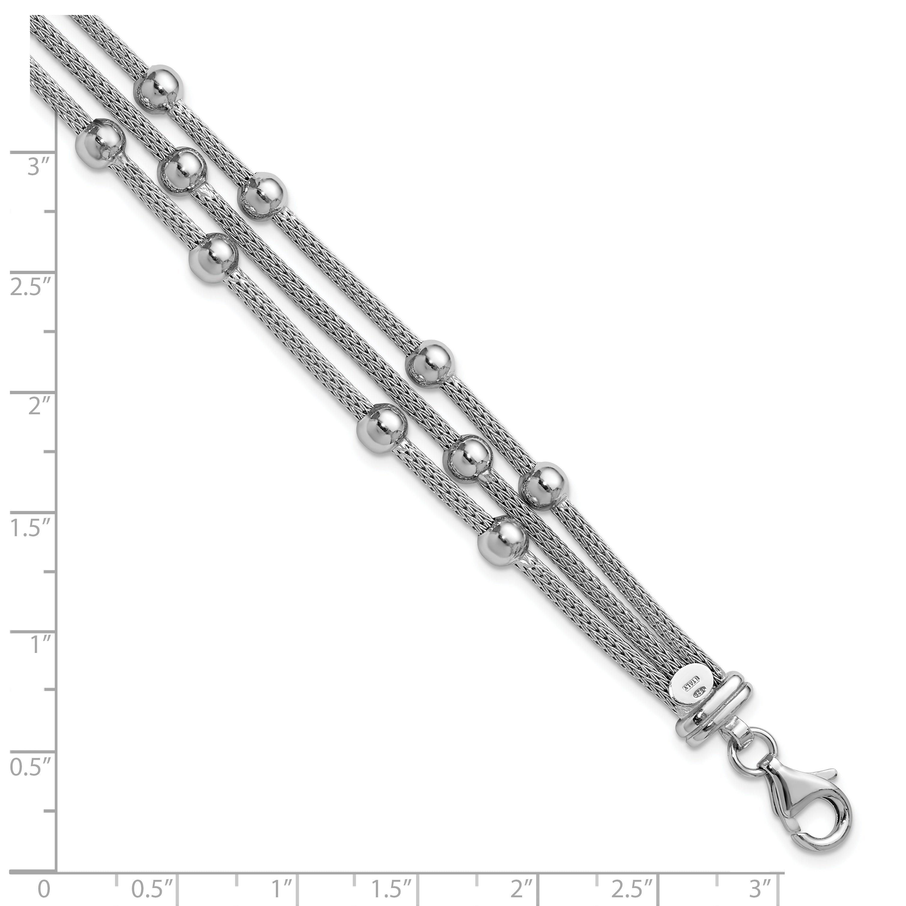 SS RH-plated Polished 3-strand Bead w/1in ext. Bracelet